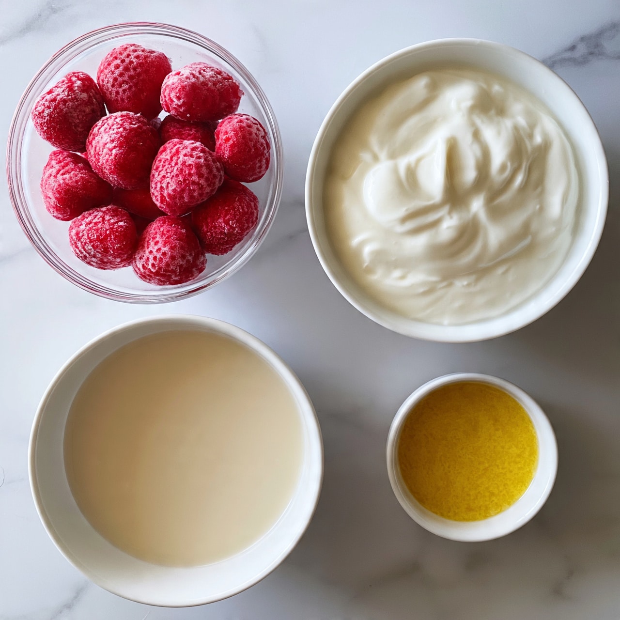 square image The image shows four bowls placed on a white marbled surface. The top left bowl is a clear glass bowl filled with whole frozen strawberries, bright red with visible frost crystals. To the right, a white bowl holds smooth, thick white yogurt with a slight swirl on top. Below the strawberries, another white bowl contains a light beige liquid, and next to it is a small white bowl filled with a golden-yellow liquid with a smooth texture. The setup is clean and arranged simply, with soft, even lighting. photo taken with an iphone --ar 4:5 --v 7