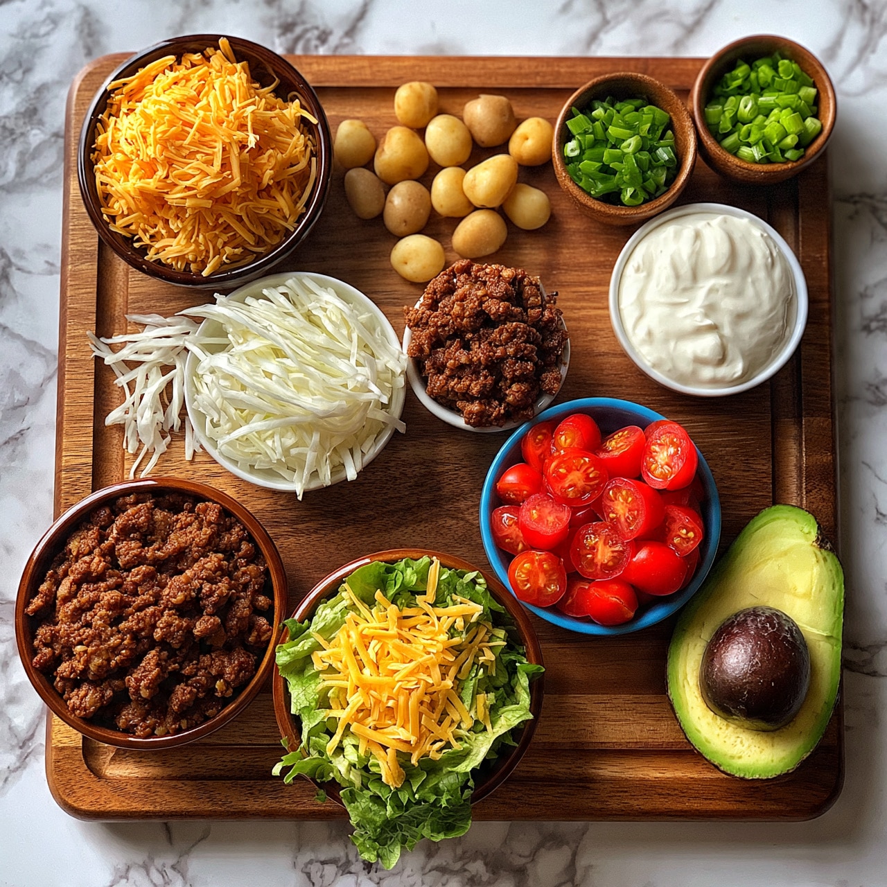 square image The image shows a wooden board holding different ingredients in bowls and loose. At the top left is a brown bowl full of shredded orange-yellow cheese. To the right, there are several small light brown potatoes scattered on the wood. On the far right, two small brown bowls hold chopped green onions with bright green color. Below the cheese bowl, there is a white bowl filled with thin white cabbage strips, next to a small bowl with browned ground meat with a crumbly texture. To its right is a small white bowl with white sour cream with a smooth texture. Below, a big brown bowl contains more browned ground meat. In the middle bottom of the wooden board, there is a brown bowl with green lettuce topped with shredded orange-yellow cheese. To the right of it, a blue bowl holds halved cherry tomatoes, bright red with juicy texture. Next to it lies a half avocado with its dark brown seed showing. The whole setup rests on a white marbled surface. Photo taken with an iphone --ar 4:5 --v 7