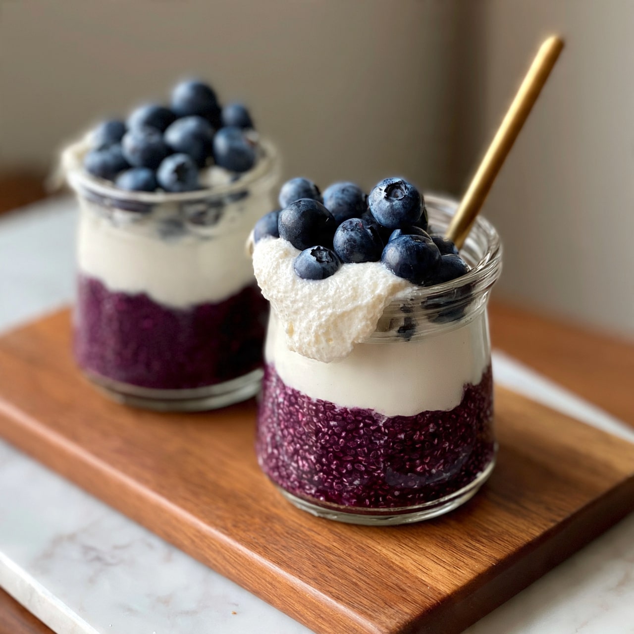 square image Two small clear glass jars sit on a wooden board, each filled with two distinct layers. The bottom layer is thick and deep purple with a textured look, likely a chia pudding or similar dish. On top is a smooth white layer, creamy in texture, slightly uneven around the edges. Fresh blueberries are scattered generously on the white layer, some slightly sinking in. A gold spoon is placed inside the jar on the right. The background shows a soft neutral wall and a white marbled surface below the wooden board. Photo taken with an iphone --ar 4:5 --v 7