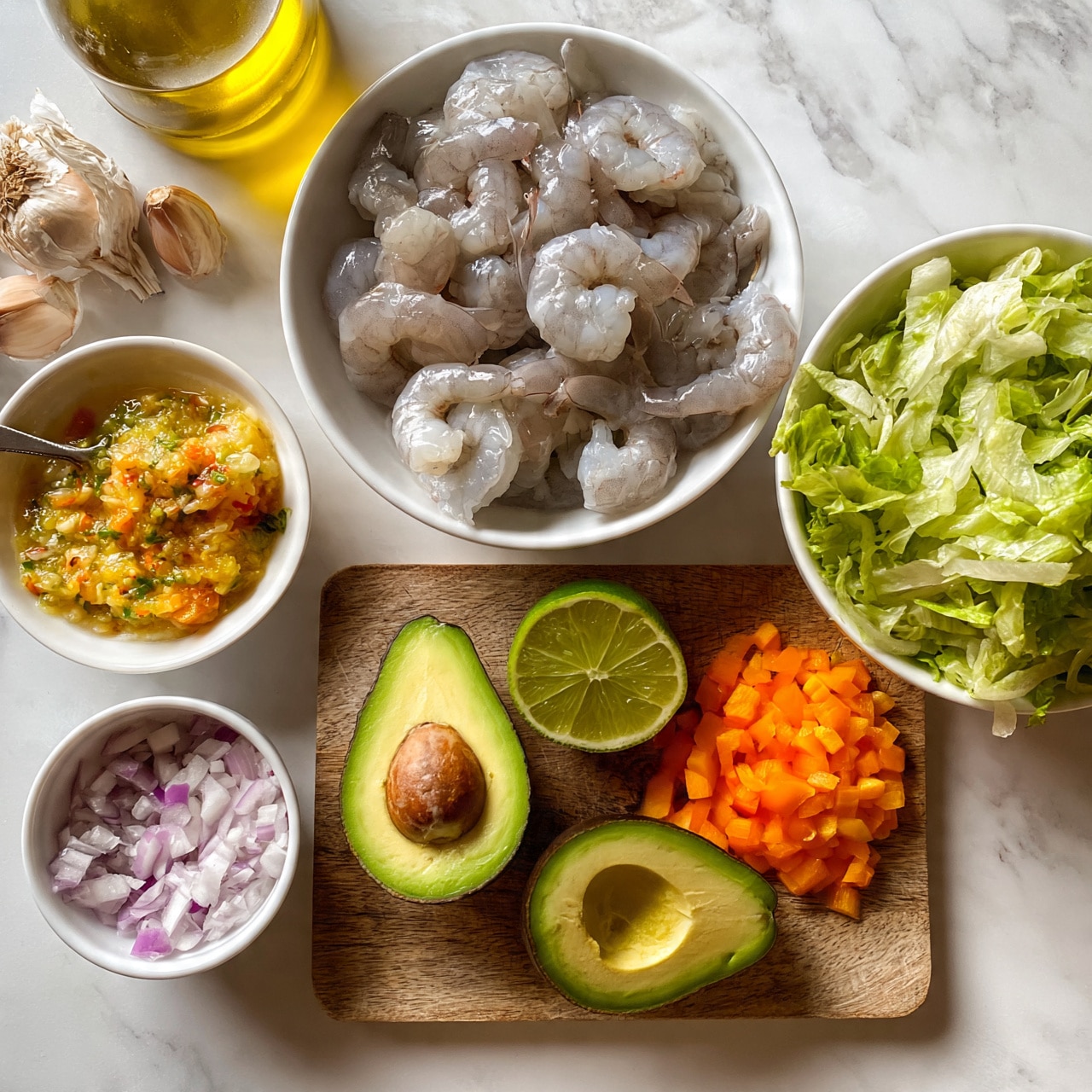 square image A white round bowl at the top center filled with raw peeled shrimp, light gray with a slight shine. To the right, a white bowl holds fresh green lettuce, cut into thin strips. Below the shrimp bowl, a wooden cutting board holds two avocado halves with a smooth green inside and a brown seed in one half, a halved lime showing a bright green interior, and finely diced orange bell peppers. To the left of the cutting board, a small white bowl contains finely chopped red onions. Above that, another white bowl holds a yellow-orange salsa mix with small pieces of vegetables and herbs, with a small metal spoon inside. Cloves of garlic and a glass bottle filled with golden yellow olive oil are positioned in the upper left corner, all placed on a white marbled surface. photo taken with an iphone --ar 4:5 --v 7