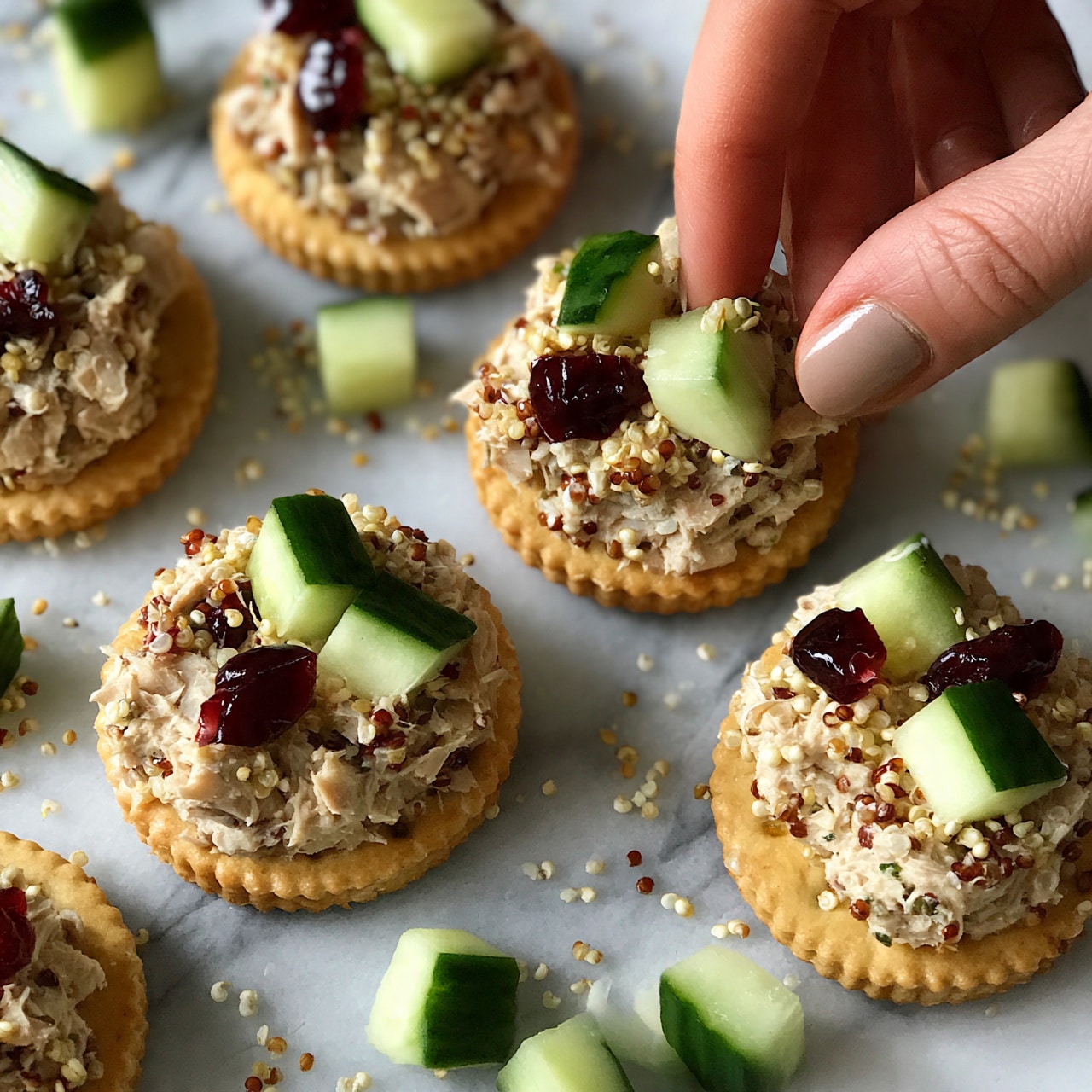 square image The image shows a close-up of round golden crackers laid on a white marbled surface, each topped with several layers: a base layer of textured tuna salad mixed with small quinoa seeds, accented with dark red dried cranberry pieces and scattered fresh cucumber chunks that are light green with deep green skin. Around the crackers are additional cucumber cubes and quinoa seeds, adding a natural garnish effect. A woman's hand is gently reaching towards one of the crackers. The overall look is fresh and colorful with a mix of soft and crunchy textures. photo taken with an iphone --ar 4:5 --v 7