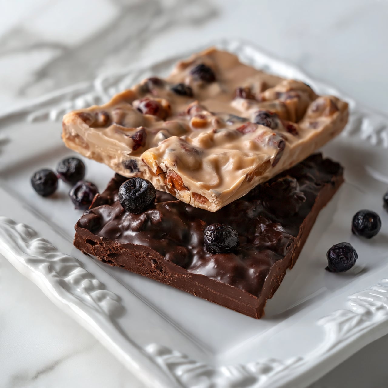square image The image shows two pieces of chocolate bark with a rough, lumpy texture from the nuts or berries mixed inside them. The top piece is a lighter brown with visible shapes of nuts and dark berries, while the bottom piece is a darker brown, almost black, with a similar bumpy texture and a few berries on top. Around the two pieces, there are scattered small dark berries. All of this sits on a white plate with a decorative, raised pattern on the edges, placed on a white marbled surface. Photo taken with an iphone --ar 4:5 --v 7