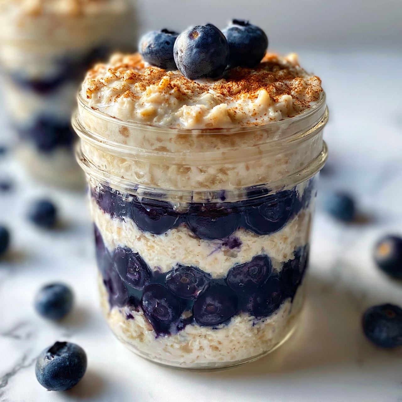 square image A glass jar filled with layers of creamy white oats and deep purple blueberries, arranged alternately from bottom to top. The blueberries appear juicy and whole, creating a textured ring effect inside the jar. The top layer is creamy white oats sprinkled lightly with brownish cinnamon powder and topped with three blueberries. The jar is placed on a white marbled surface with scattered blueberries around it, and a partly visible second jar in the background. Photo taken with an iphone --ar 4:5 --v 7