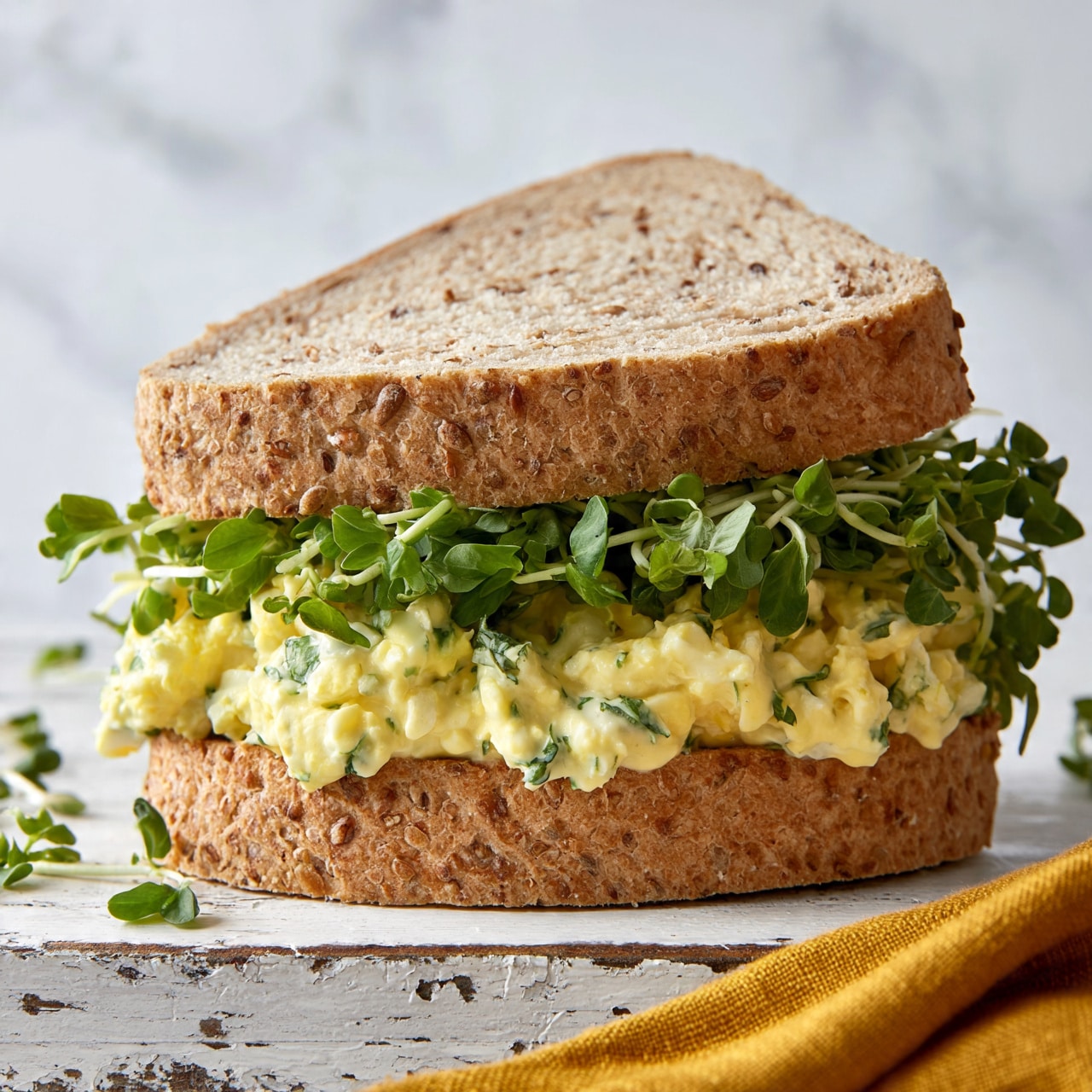 square image A close-up view of a sandwich made with two slices of whole grain bread that have a light brown color and visible seeds throughout. Inside, there is a creamy, pale yellow egg salad mixed with green herbs, placed on the bottom slice, and a layer of fresh green sprouts with small leaves placed above the egg salad. The sandwich sits on a worn white wooden surface with some scattered green sprouts nearby, and a folded mustard yellow cloth is partly visible at the bottom edge. The background is a soft white marbled texture. photo taken with an iphone --ar 4:5 --v 7