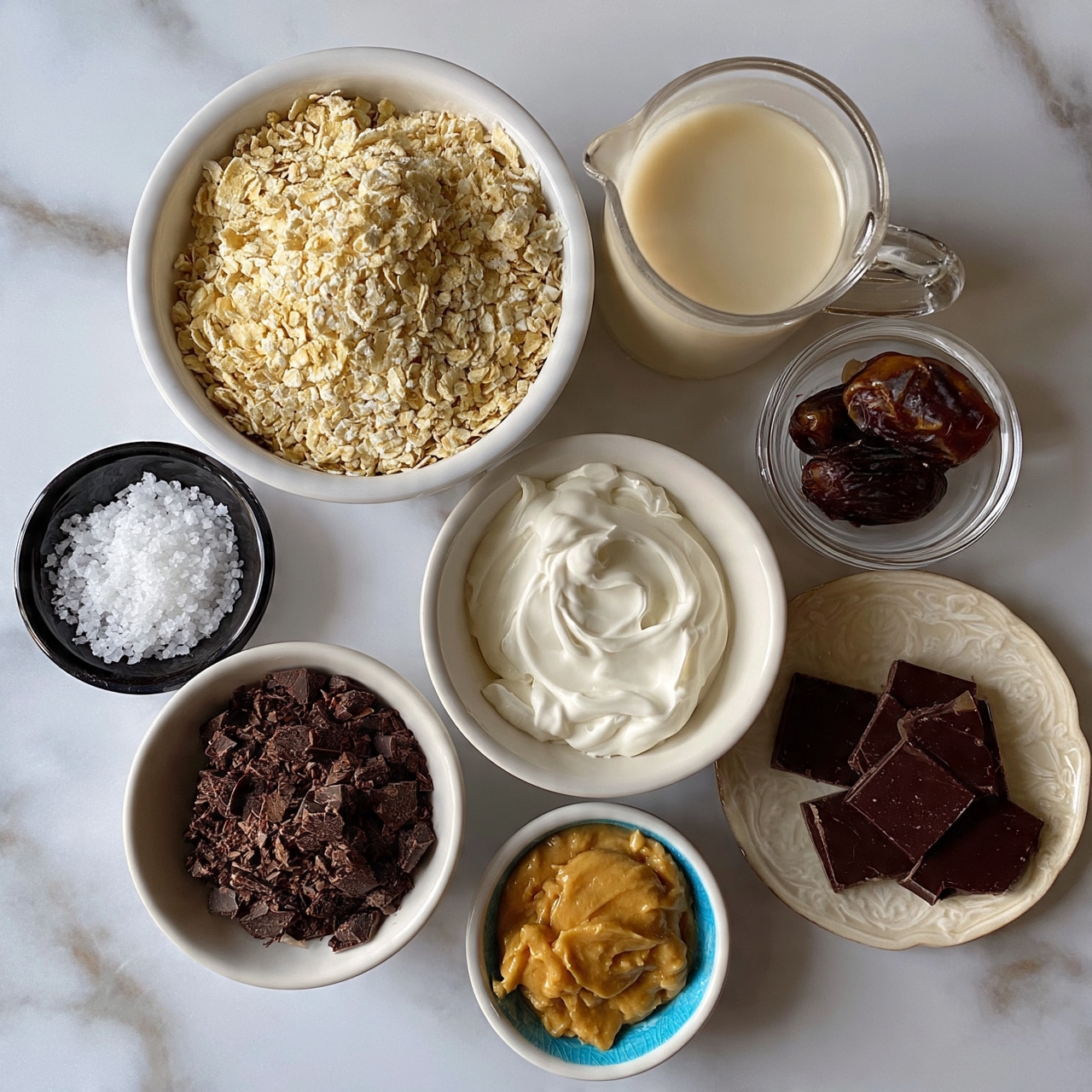 square image The image shows eight small white bowls and dishes arranged in a circle on a white marbled surface. One large white bowl is filled with dry oats, rough and pale yellow. Another medium-size bowl holds smooth white whipped cream with swirls on top. A smaller bowl contains rough chopped dark chocolate pieces. There is a tiny black dish with coarse white salt and a small blue and white bowl with thick golden peanut butter. A glass pitcher with creamy beige liquid is beside a small clear bowl of dark brown dates, and a decorative light plate holds several pieces of dark chocolate squares. photo taken with an iphone --ar 4:5 --v 7