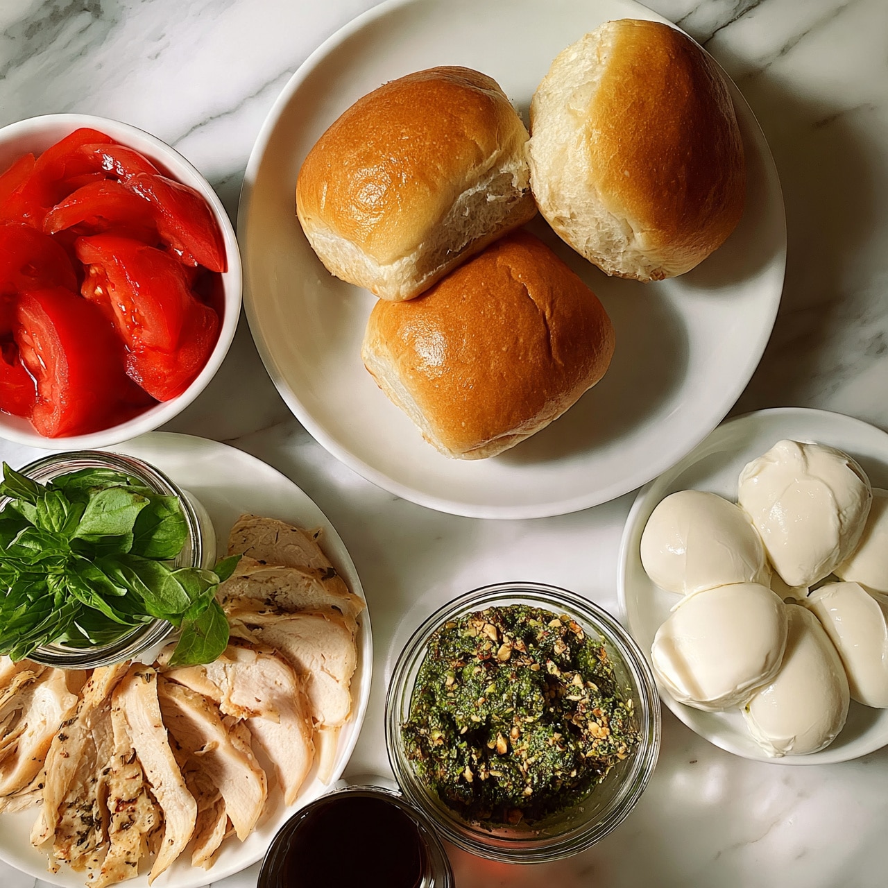 square image A white plate holds two golden brown, soft bread rolls with a light crust. To the left, a smaller white bowl contains bright red tomato slices, showing juicy and smooth textures. Below that, a white plate has thin, light tan slices of cooked chicken with herb seasoning, accompanied by a small glass jar filled with fresh green basil leaves. To the right, a small white plate has several creamy white round slices of mozzarella cheese, smooth and fresh looking. At the bottom center, a clear bowl contains a chunky green pesto sauce with visible bits of herbs and nuts. Finally, a small dark liquid-filled glass sits beside the pesto on a white marbled surface. photo taken with an iphone --ar 4:5 --v 7