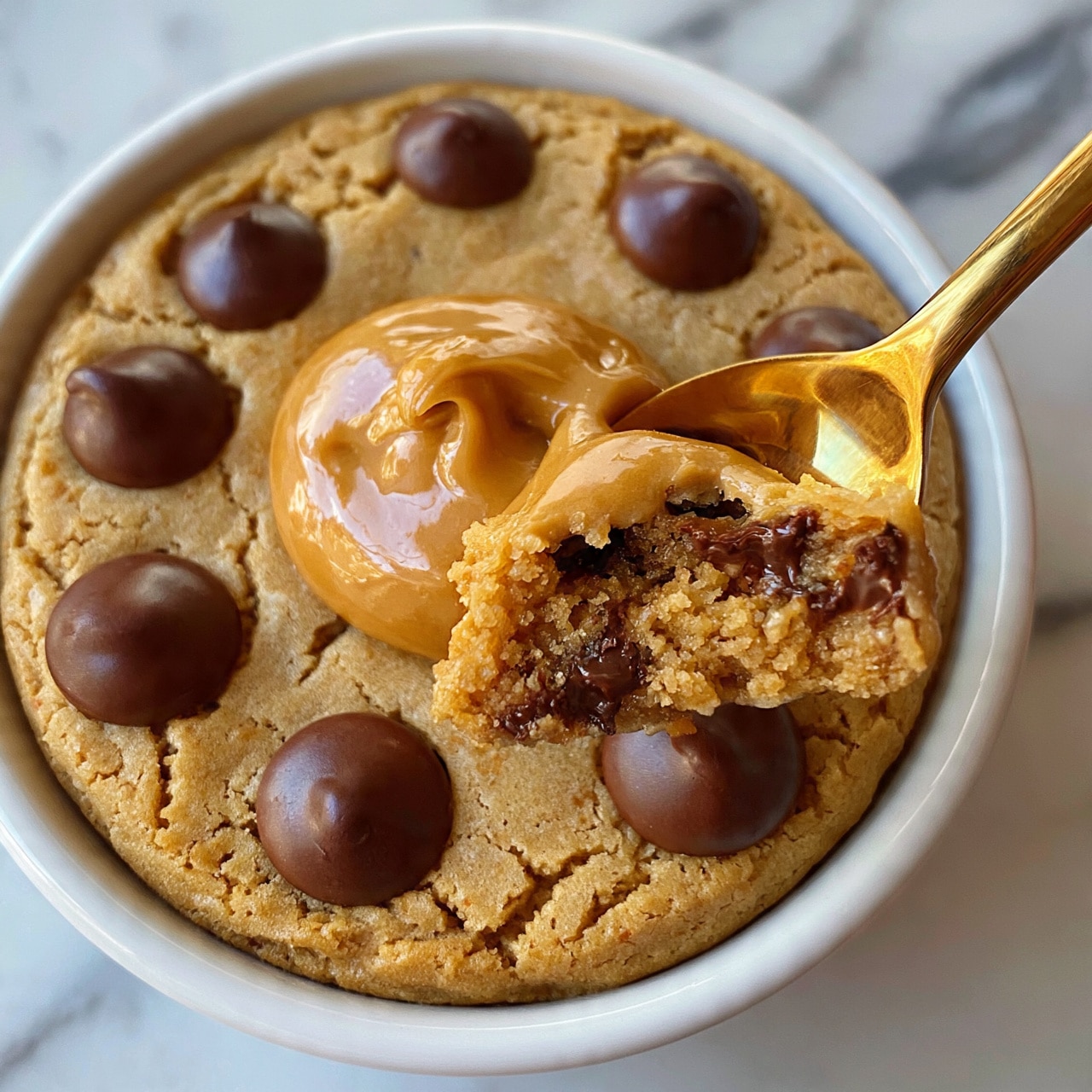 square image A close-up of a round baked cookie in a white bowl sitting on a white marbled surface. The cookie is light brown with visible cracked texture on the surface. There are large, dark brown chocolate chips scattered evenly across the top. In the center, there is a dollop of smooth, creamy peanut butter with a shiny surface. A golden spoon lifts a portion of the cookie, showing its soft and moist inside with melted chocolate pieces. Photo taken with an iphone --ar 4:5 --v 7
