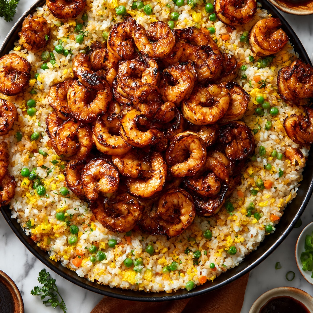 square image A black round pan filled with two layers, the bottom layer is fried rice mixed with small pieces of yellow scrambled eggs, bright green peas, and tiny diced orange carrots, creating a soft mixed color and grainy texture. On top, a thick layer of golden-brown grilled shrimp with charred marks, glistening with a slight glaze, arranged mostly in the center but scattered towards the edges. The pan sits on a white marbled surface, with a brown cloth partially visible underneath, some green parsley pieces nearby, and small bowls with dark sauce and green chopped onions placed around it. Photo taken with an iphone --ar 4:5 --v 7