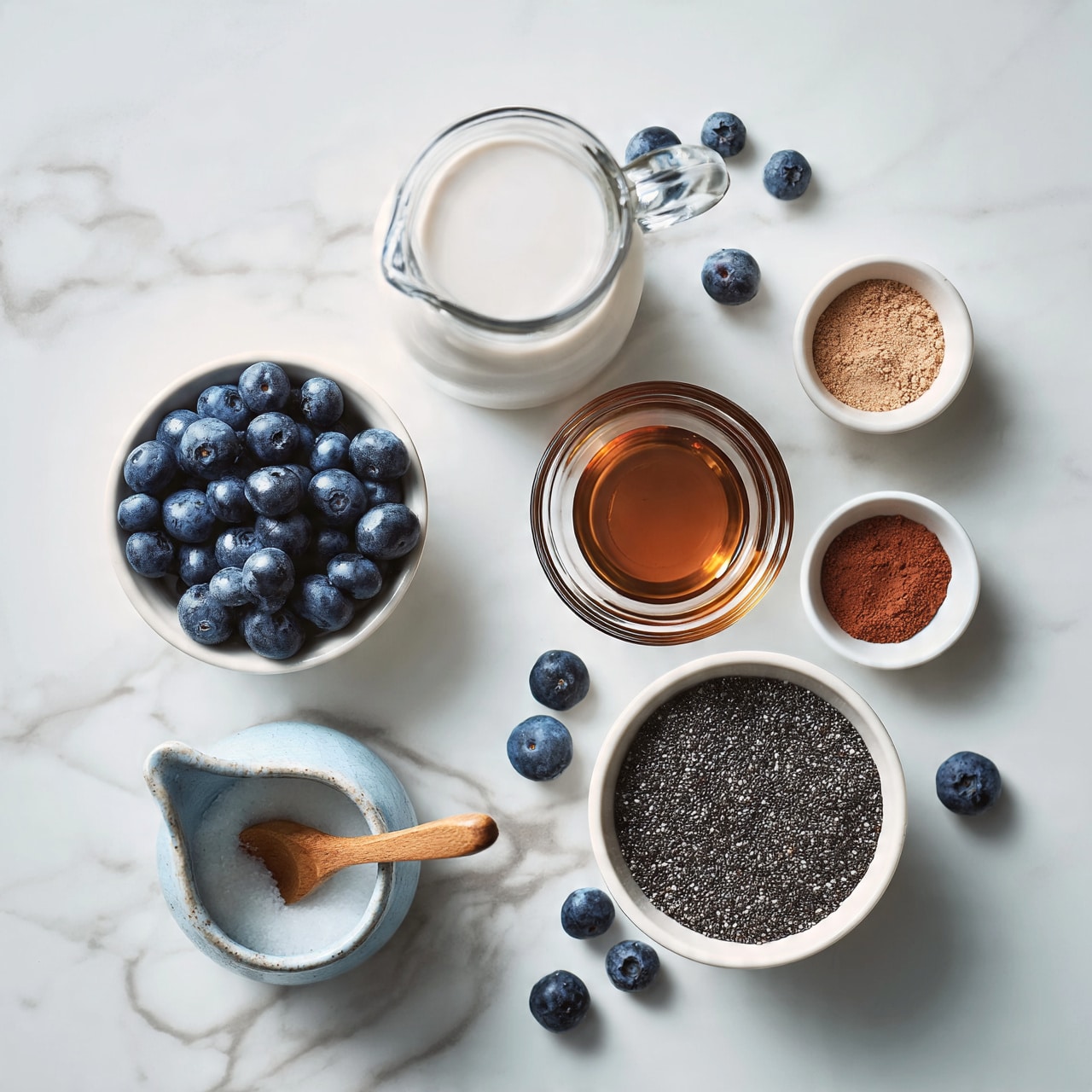 square image The image shows several glass and white dishes arranged on a white marbled surface. There is one white bowl filled with fresh blueberries, dark blue and round in shape. A clear glass jug filled with white milk or cream is placed near the center. Next to it is a small clear glass bowl containing amber-colored syrup or honey. Another white bowl contains lots of small black chia seeds. Two tiny white bowls hold small amounts of powders: one light brown and one reddish brown. There is also a small light blue ceramic container with a wooden spoon resting inside, filled with white salt. Some loose blueberries are scattered casually around the bowls. Photo taken with an iphone --ar 4:5 --v 7