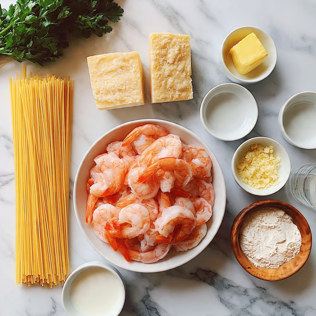 square image The image shows ingredients for a shrimp pasta recipe arranged neatly on a dark surface, now described as a white marbled texture. In the center, there is a white bowl filled with pink cooked shrimp layered together, their orange tails visible. To the left of the bowl, there is a bundle of dry yellow spaghetti pasta, stacked in a straight layer. Above the bowl, two pieces of hard cheese are positioned side by side, pale yellow with a rough texture. To the right of the shrimp bowl are several small white bowls and a wooden bowl; one has a yellow cube of butter, another contains finely chopped garlic, a wooden bowl holds white flour, and a small glass holds a clear liquid. Near the bottom left of the shrimp bowl is a small white bowl with milk. A bunch of fresh green parsley lies loosely at the top left corner. The whole setup is clean and organized, sitting on the white marbled surface photo taken with an iphone --ar 4:5 --v 7