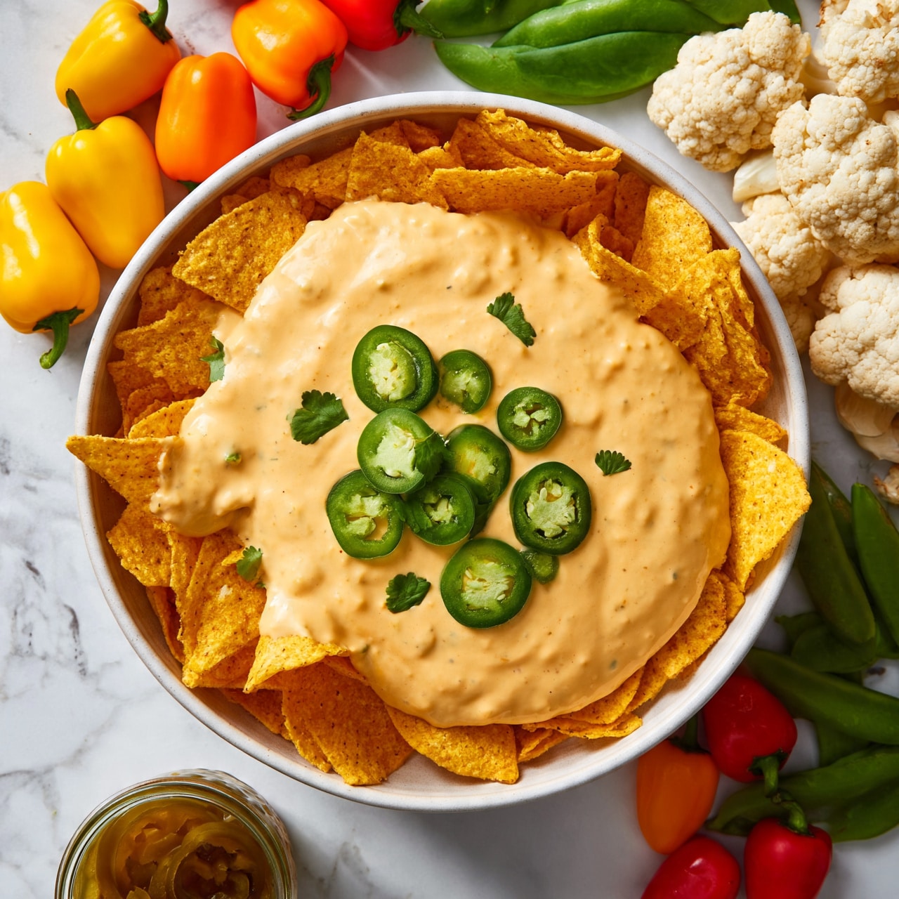 square image A round white bowl filled with creamy, light orange cheese dip sits center surrounded by golden yellow tortilla chips, some dipped in the cheese. The dip is topped with sliced green jalapeños and small green cilantro leaves. Around the bowl, fresh vegetables like whole yellow, orange, and red mini peppers, white cauliflower florets, and green snap peas are arranged on a white marbled surface. A small glass jar filled with pickled jalapeños is visible at the bottom left. Photo taken with an iphone --ar 4:5 --v 7 square image