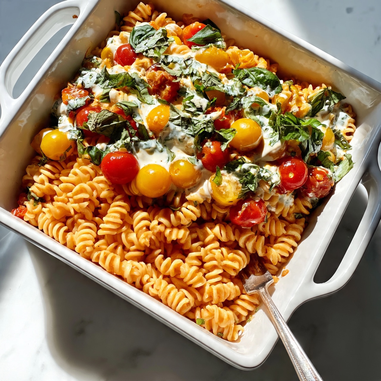 square image A white rectangular baking dish holds a pasta mix with three main layers: the bottom layer of light orange spiral pasta, evenly spread; the middle layer featuring bright red and yellow cherry tomatoes scattered around; the top layer decorated with fresh green basil leaves and a light drizzle of creamy white sauce. A silver fork is resting inside the dish at the bottom right, partially submerged in the pasta. The dish is placed on a white marbled surface with bright natural sunlight casting soft shadows. Photo taken with an iphone --ar 4:5 --v 7