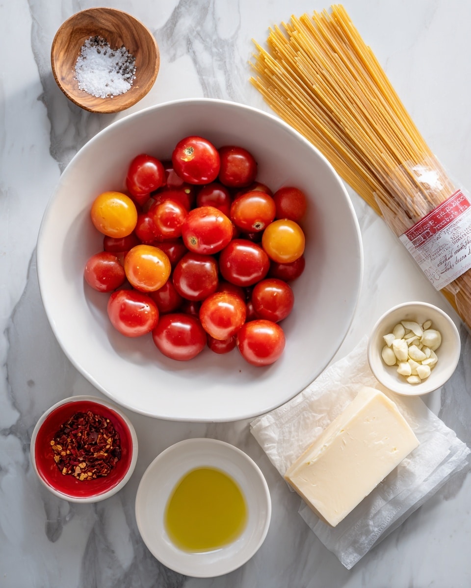 A white bowl filled with a mix of red and orange small tomatoes, some round and some oval-shaped, all with shiny surfaces. On top of the tomatoes, there is a small red bowl holding red chili flakes, and a smaller white bowl with chopped garlic pieces sits at the front edge of the white bowl. Around the bowl, there is a small white dish with golden olive oil, a small square piece of butter, and a packed block of cheese on white paper. To the top right, a plastic-wrapped bundle of uncooked spaghetti with a beige and red label is partially visible. In the top left corner, there is a small wooden dish containing white salt and black pepper. All items are placed on a white marbled surface. Photo taken with an iphone --ar 4:5 --v 7
