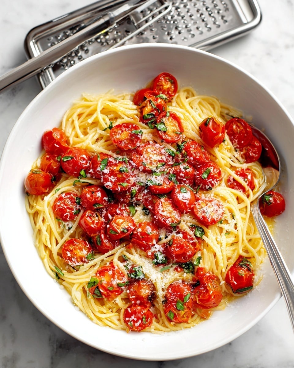 A white bowl holds a serving of spaghetti pasta topped with a fresh cherry tomato sauce layered with halved, bright red cherry tomatoes mixed with green herbs. The pasta strands are golden yellow and soft, sitting beneath a generous sprinkle of finely grated white cheese, adding a light dusting over the top. The bowl is placed on a white marbled surface near a metal grater and metallic tongs, creating a simple, everyday kitchen scene. Photo taken with an iphone --ar 4:5 --v 7