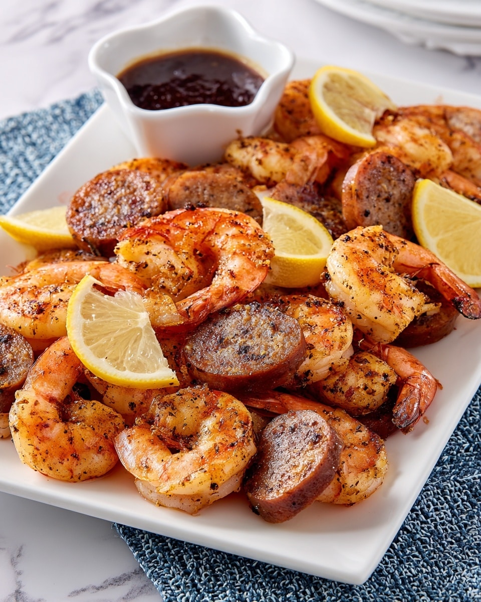 A white rectangular plate filled with cooked shrimp that are orange with dark seasoning spots, arranged over round slices of browned sausage. Bright yellow lemon wedges are placed on top and between the shrimp and sausage, adding a pop of color. A small white scalloped bowl sits on the top left corner of the plate, filled with a dark reddish-brown dipping sauce. The plate is set on a white marbled surface with a blue and white textured cloth partially visible in the background. Photo taken with an iphone --ar 4:5 --v 7