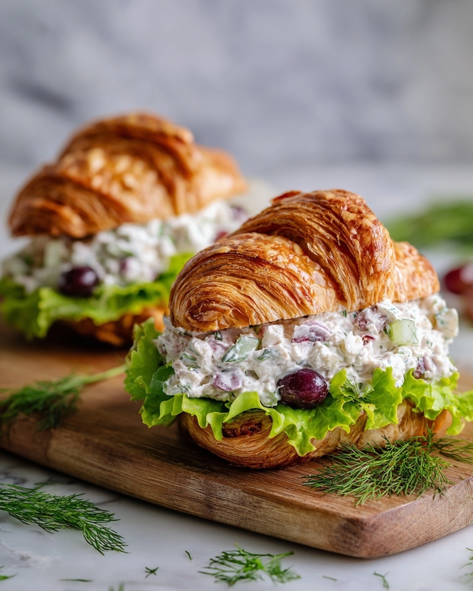 Two croissant sandwiches sit on a wooden board placed on a white marbled surface. Each croissant is golden brown and flaky, showing clear layers from the baking, with textured, slightly crispy tops. The sandwiches are filled with a thick spread of white cream cheese mixed with small bits of pink and green vegetables, and a few dark purple grapes are tucked inside. Bright green leafy lettuce peeks out from the edges of the filling. Around the wooden board, scattered fresh green dill sprigs add a touch of color, and a woman's hand is holding a croissant in the background. Photo taken with an iphone --ar 4:5 --v 7