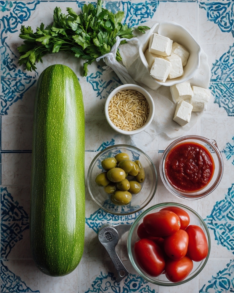 The image shows a collection of fresh ingredients arranged neatly on a white marbled textured surface with blue patterned tiles in the background. There is one large bright green zucchini placed horizontally in the center. Below it, on the left, is a bunch of vibrant green parsley bundled with a white tie. Above the zucchini and spaced out are several small containers: a white cup filled with golden wheat grains in the middle, a small clear glass bowl with chunky white tofu cubes on the top right, a small glass jar filled with red sauce to the right of the tofu, and a metal measuring cup with green olives near the bottom right. A clear plastic container filled with red grape tomatoes sits at the bottom right corner, completing the colorful and fresh arrangement. photo taken with an iphone --ar 4:5 --v 7