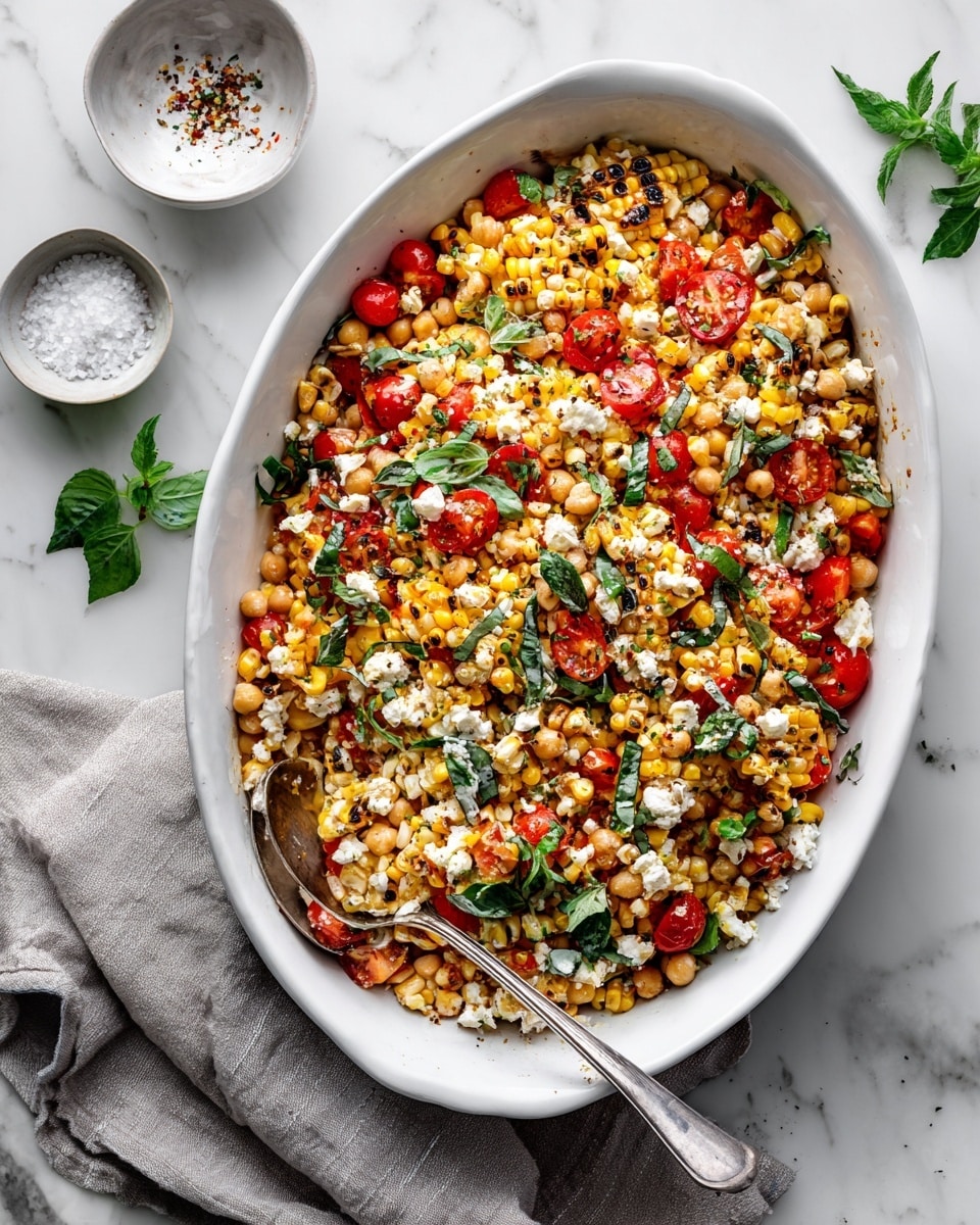 A white oval dish filled with a colorful layered salad consisting of grilled corn pieces showing light char marks, bright red halved cherry tomatoes, green leafy herbs scattered throughout, small white cheese crumbles sprinkled on top, and chickpeas or similar legumes mixed in. The salad rests on a white marbled surface with a silver spoon placed inside the dish on the left side. Nearby are small white bowls containing coarse salt and green leaves, and a gray cloth napkin lies beneath the dish photo taken with an iphone --ar 4:5 --v 7