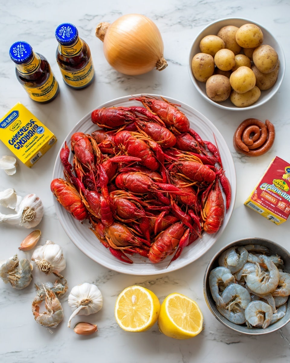 A white plate filled with a pile of bright red cooked crawfish sits in the center on a white marbled surface. Surrounding it are two brown beer bottles with blue and yellow labels on the top left, two yellow onions and a coiled brown sausage link toward the top right, a small yellow and red Old Bay seasoning box and a white bowl full of small light brown potatoes to the right, and a metal bowl filled with peeled raw shrimp at the bottom right. On the bottom left, there is a yellow Zatarain's Crawfish, Shrimp & Crab Boil seasoning box, some peeled crab shells, and a garlic bulb. Two lemon halves with a bright yellow color are placed near the center below the crawfish plate. Photo taken with an iphone --ar 4:5 --v 7