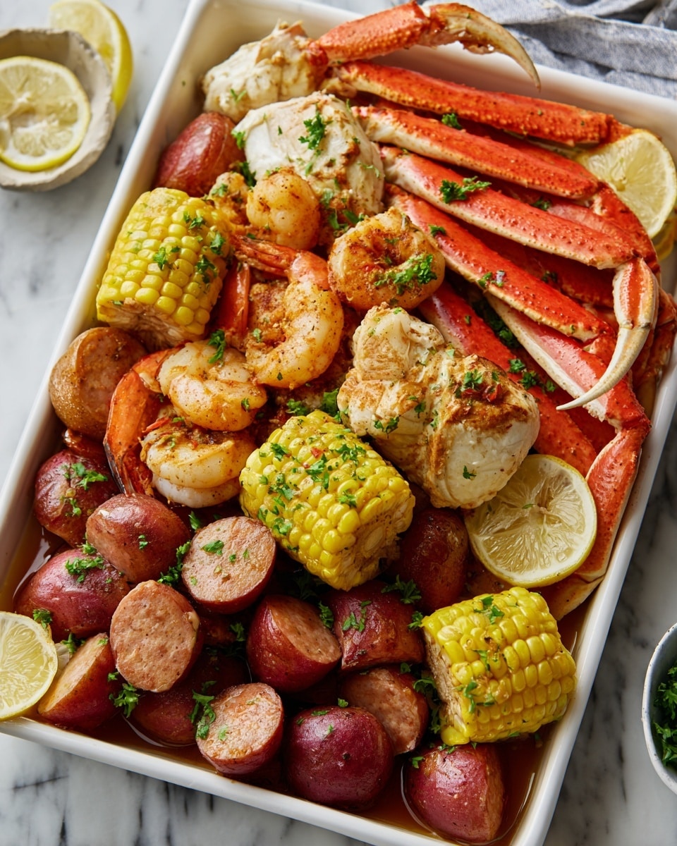 A white tray filled with a colorful seafood boil that has three main layers: the bottom layer shows round red potatoes and sliced sausage pieces with a smooth texture; above this, there are bright orange shrimp with a slightly rough surface and some crab legs with a red-orange color placed diagonally; scattered in the dish are chunks of yellow corn on the cob with visible kernels. Garnishes of chopped green parsley and lemon wedges add freshness, sitting on top and around the seafood and vegetables. The background is a white marbled texture. Photo taken with an iphone --ar 4:5 --v 7