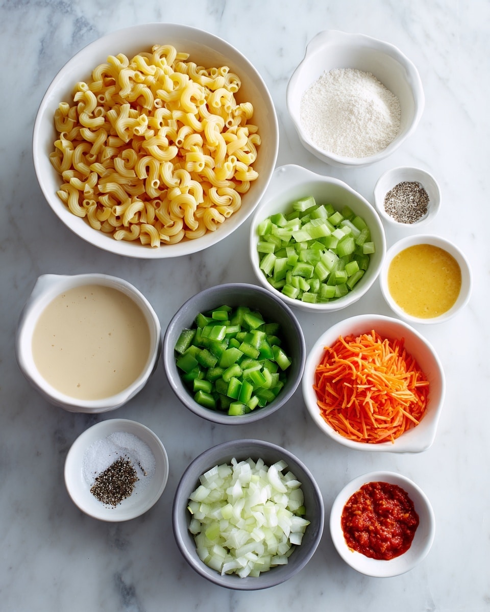 The image shows various cooking ingredients placed in separate white and grey bowls on a white marbled surface. Starting from the top left, there is a white bowl full of uncooked elbow macaroni that is yellowish. To the right, in grey bowls, are chopped green celery pieces, shredded orange carrots, and a creamy light beige sauce. Below the macaroni, a grey bowl contains chopped green bell peppers, and next to it, a white bowl holds chopped white onions. There is another white bowl filled with a white powdery substance, likely sugar or salt, beside it. Small white bowls contain a bright red chopped ingredient, possibly pimentos, a yellow mustard-like sauce, and next to those, a plain small white bowl. In front of these are two tiny white bowls with coarse salt and black pepper. The overall setup is clean, well-organized, and colorful with all ingredients visible on the white marbled surface. Photo taken with an iphone --ar 4:5 --v 7