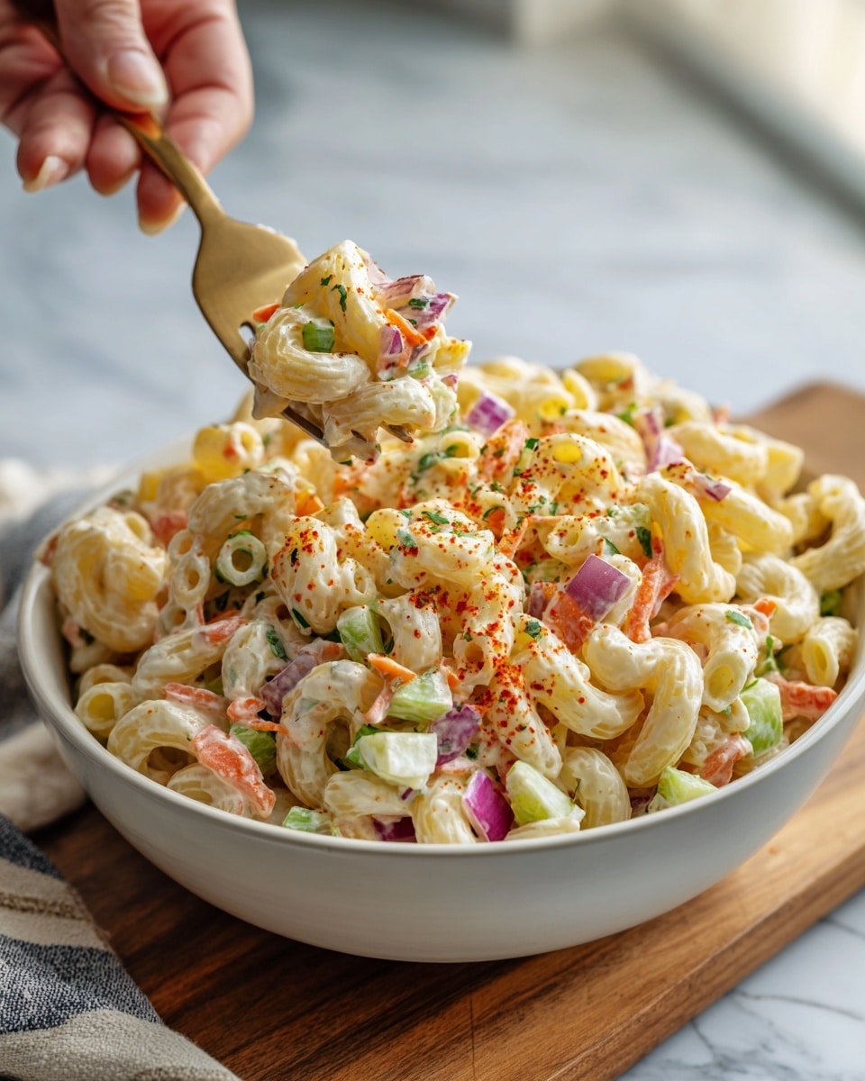 The image shows a white bowl filled with pasta salad made of small tube pasta mixed with chopped red onions, celery, carrots, and a creamy dressing. The pasta is light yellow, the veggies add pops of red, orange, and green, and a sprinkle of paprika or similar spice is dusted on top. A woman's hand holds a fork lifting a bite of the pasta salad, showing the mix's texture and colors closely. The bowl sits on a wooden surface with a white marbled background, and the overall look is fresh and appetizing. photo taken with an iphone --ar 4:5 --v 7