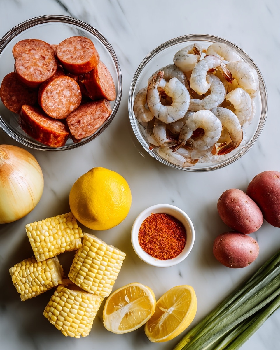 The image shows fresh cooking ingredients arranged on a white marbled surface. On the top right, there is a clear glass bowl filled with raw shrimp with shells on, light pink and slightly translucent. To the left, another clear glass bowl holds thick slices of reddish-orange sausage with visible bits of fat. At the bottom center, a small white bowl contains bright orange-red powdered seasoning with a fine texture. Around these bowls, there are multiple pale yellow halves of corn on the cob, a large yellow onion with dry skin, two whole yellow lemons, a small bunch of green stalks resembling lemongrass, and a pile of smooth bright red small potatoes. The items are spaced neatly and well-lit, showcasing their colors and textures clearly. Photo taken with an iphone --ar 4:5 --v 7