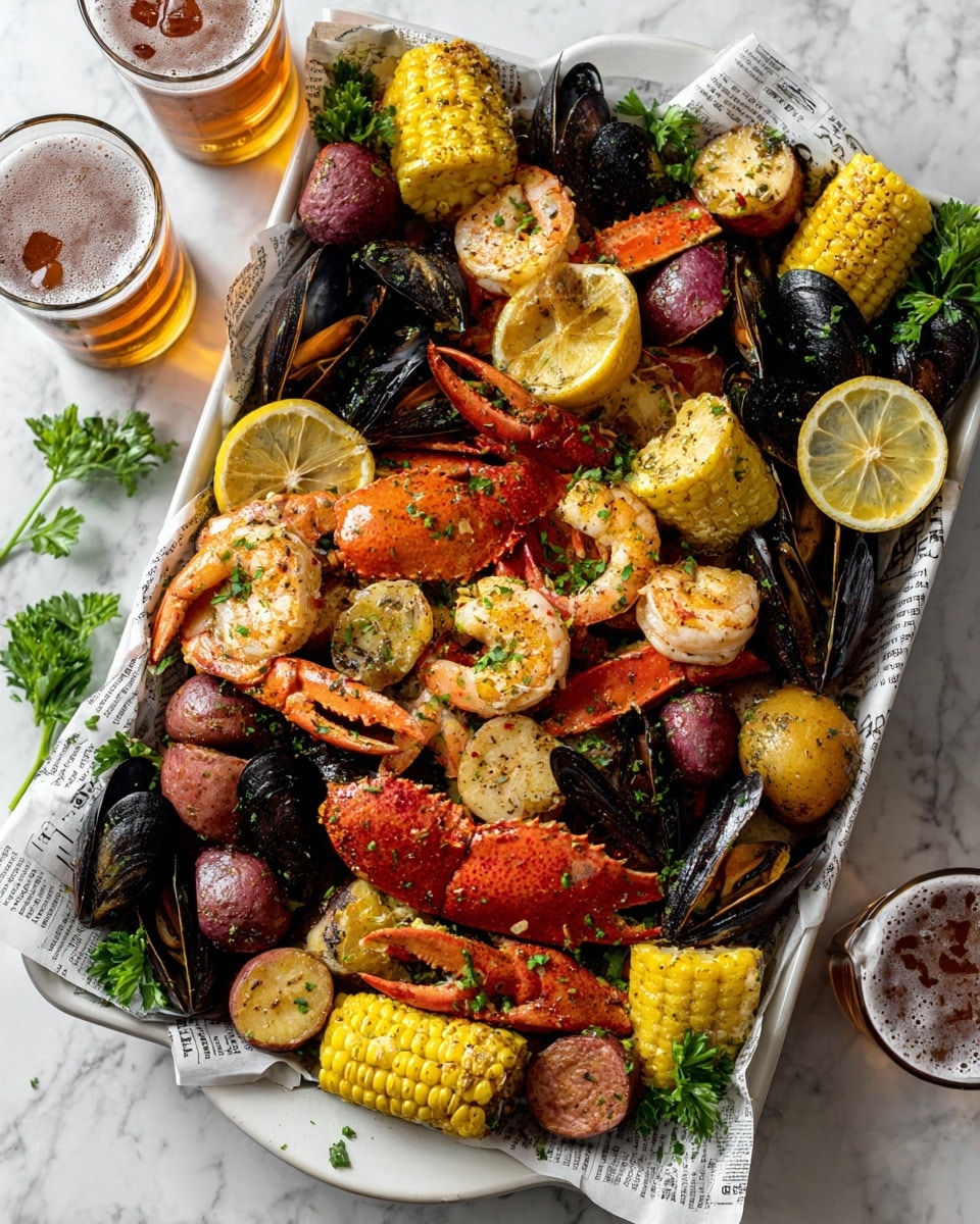 A large white rectangular tray lined with newspaper is piled high with a colorful seafood boil. The bottom layer shows bright yellow corn on the cob pieces and red boiled potatoes. Above that, there are dark black mussels and orange-red crab legs spread across the tray. Layered on top are large pink shrimp and chunks of red sausage. Scattered lemon slices add light yellow circular accents. Sprinkles of green herbs and spices cover the whole dish, giving it texture and color contrast. Fresh green parsley is placed around the edges for decoration. The tray sits on a white marbled surface with two glasses of amber beer nearby. Photo taken with an iphone --ar 4:5 --v 7