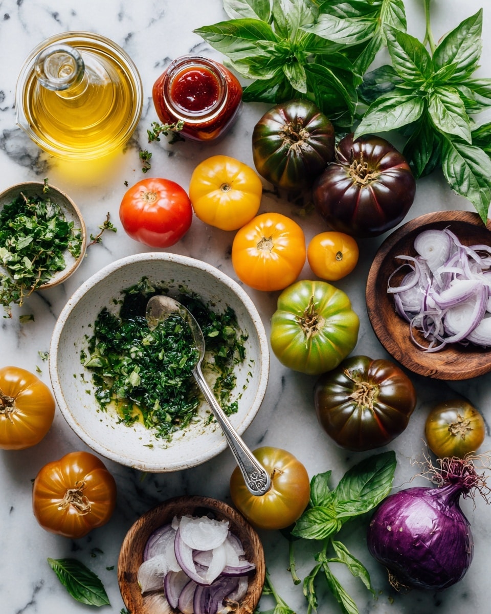 The image shows a flat lay of fresh ingredients on a white marbled surface. There are different types of whole tomatoes in red, yellow, green, orange, and dark purple colors scattered across the scene. A white bowl filled with finely chopped green herbs sits in the bottom left corner with a spoon inside. To the top left, there is a small glass bottle of golden olive oil and a jar with red liquid next to it. A small wooden bowl holds thin slices of purple and white onion. Fresh bright green basil leaves are spread around the ingredients, and a whole purple onion with roots is on the right side. The overall look is fresh, colorful, and natural, with a mix of smooth and rough textures. photo taken with an iphone --ar 4:5 --v 7