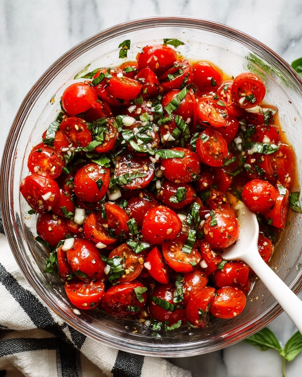 A clear glass bowl filled with bright red halved cherry tomatoes mixed with small pieces of fresh green basil leaves and tiny bits of finely chopped white garlic, all lightly coated in a shiny dressing with visible black pepper specks. The bowl sits on a white marbled surface with a black and white striped cloth partially under it, and a white spoon is placed inside the bowl on the right side. Photo taken with an iphone --ar 4:5 --v 7