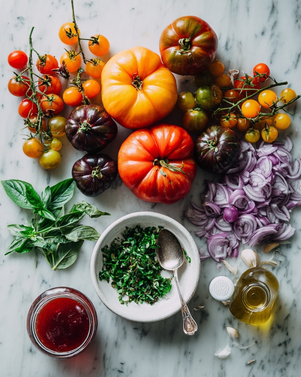 The image shows a flat lay of various fresh vegetables and herbs arranged on a white marbled surface. There are several large tomatoes in red, orange, green, and dark reddish-brown colors scattered around. Clusters of small yellow and red cherry tomatoes on the vine add pops of color. A small pile of thinly sliced purple onion is placed near fresh bright green basil leaves. A white bowl filled with chopped green herbs is near the bottom left, with a silver spoon resting inside. Next to the bowl, a small glass jar with red liquid and a clear bottle of olive oil with a white cap are positioned. The colors are vibrant, and the textures range from smooth tomatoes to leafy herbs and crisp onions, all arranged in a casual but balanced way. photo taken with an iphone --ar 4:5 --v 7