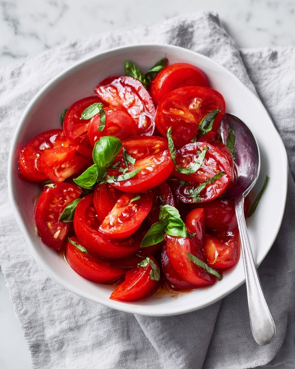 The image shows a white bowl filled with sliced red tomatoes, each slice juicy and shiny with a light coating of oil. Thin green basil leaves are scattered on top and mixed inside, adding a fresh contrast to the bright red tomatoes. A silver spoon rests on the right edge of the bowl, partially covered by the tomatoes. The bowl is placed on a soft gray cloth which lies on a white marbled surface. The overall look is fresh, colorful, and appetizing. photo taken with an iphone --ar 4:5 --v 7