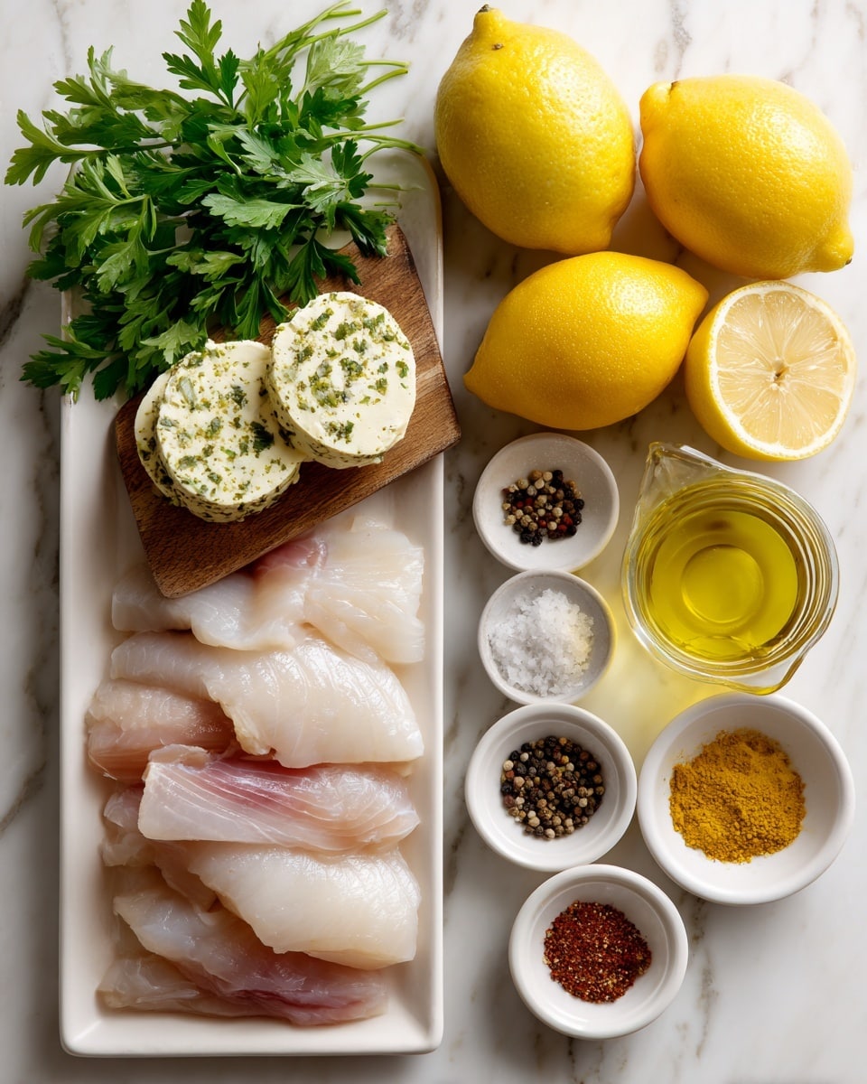 A white rectangular plate filled with several layers of fresh raw fish fillets in light pink and pale tones is placed at the bottom. Above it, there is a wooden board with a roll of herb butter that has been sliced into three round pieces, showing white butter with green herb specks. Two bright yellow whole lemons and one half lemon with visible segments take place near the board. Around them are small white dishes containing coarse black pepper, white salt, yellow lemon zest, reddish-brown seasoning, and fine light brown powder. A clear glass bottle filled with golden olive oil is also present. Fresh green parsley with leafy texture sits at the top left, all on a white marbled surface. Photo taken with an iphone --ar 4:5 --v 7