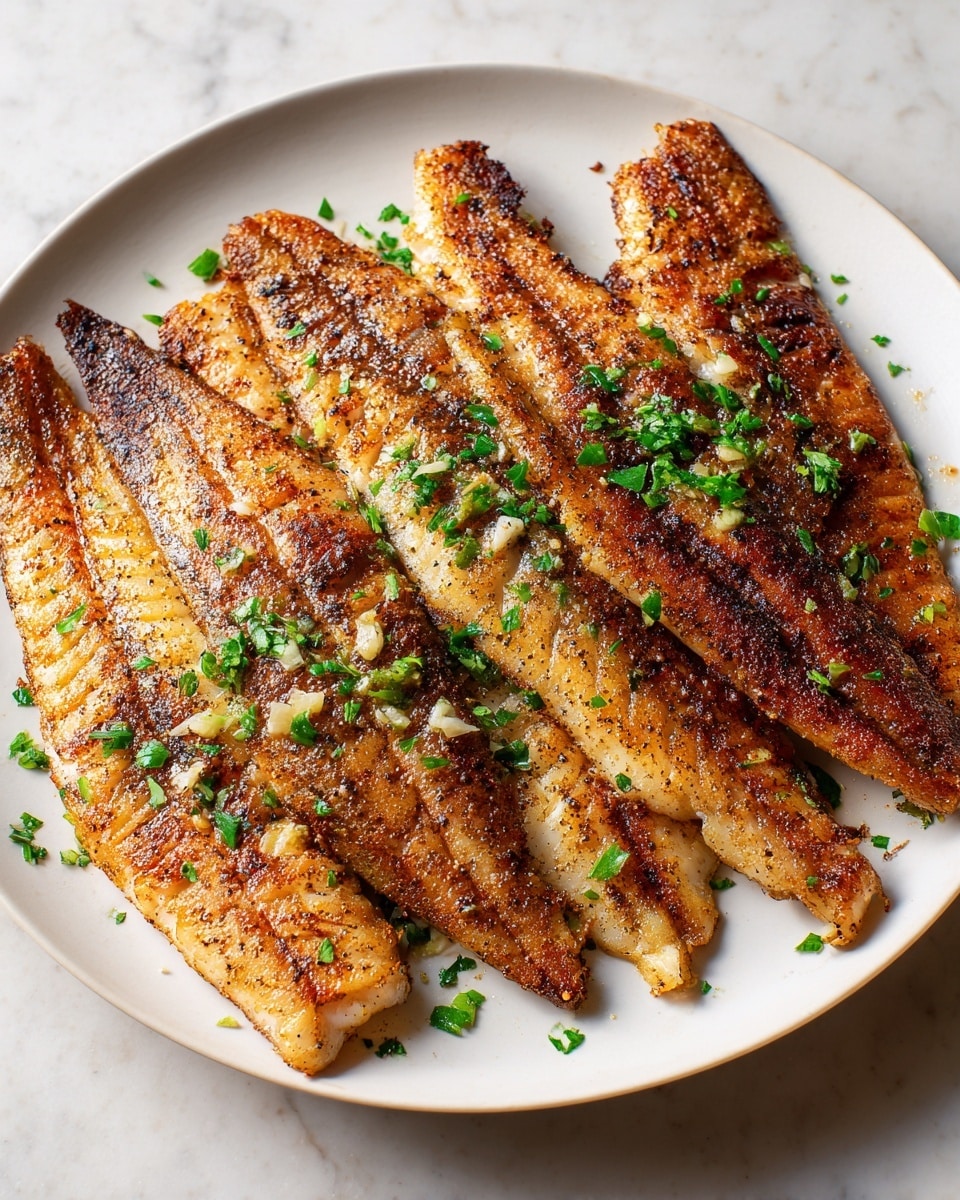 A white round plate holds five large pieces of cooked fish fillets arranged with slight overlapping, showing a crispy, browned surface with specks of black seasoning. The fish has a light golden to dark brown color with some areas more charred, indicating a well-cooked texture. Green chopped herbs are sprinkled on top in small clusters, adding a fresh contrast to the warm colors of the fish. Small bits of minced garlic or onions are scattered across the fillets, giving a textured look. The plate rests on a white marbled surface, with warm light highlighting the details of the food. photo taken with an iphone --ar 4:5 --v 7