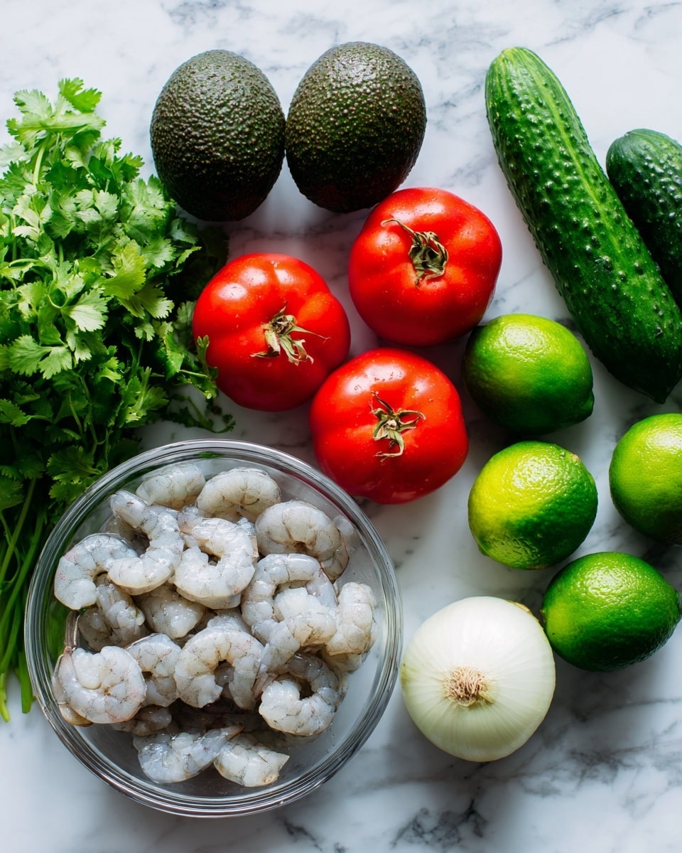The image shows fresh ingredients arranged on a white marbled surface: two dark green avocados, four bright red tomatoes, two medium green cucumbers, four bright green limes, a bunch of fresh green cilantro, a whole white onion, and a clear glass bowl filled with peeled, raw shrimp that are light grayish-white. The ingredients are spread out with the shrimp bowl on the right side, surrounded by the fresh vegetables and herbs. photo taken with an iphone --ar 4:5 --v 7