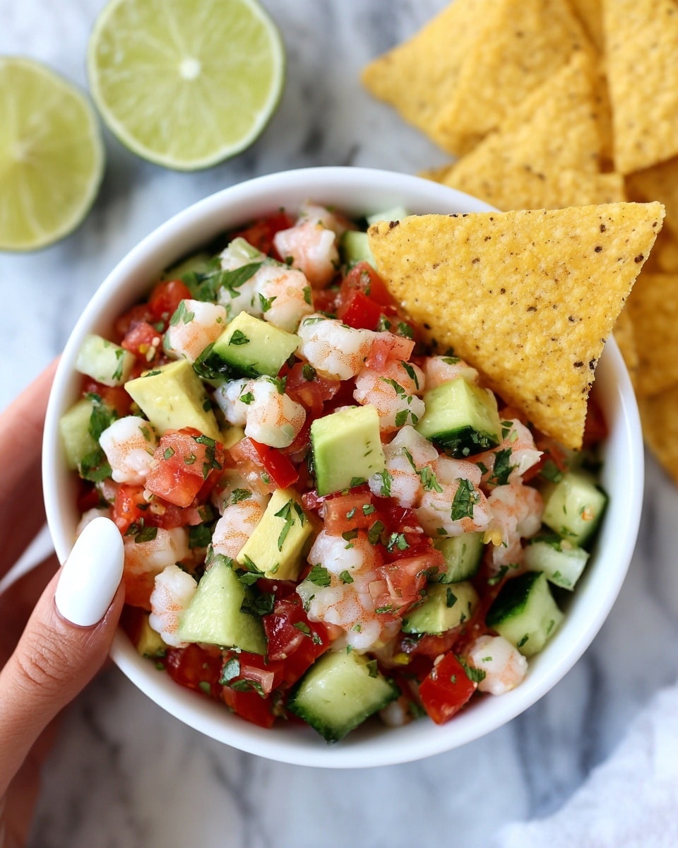 A white bowl filled with a colorful shrimp salad showing three main layers: small, pink shrimp chunks mixed with finely chopped red tomatoes making up the base layer; atop this are bright green diced cucumbers and avocado cubes scattered evenly; sprinkled throughout and on top are small green herbs adding a fresh touch. Two yellow corn chips are partially dipped into the salad, and a woman's hand with white nail polish is holding one chip close to the bowl. The background shows a white marbled texture with a half lime slice and extra corn chips placed nearby. Photo taken with an iphone --ar 4:5 --v 7