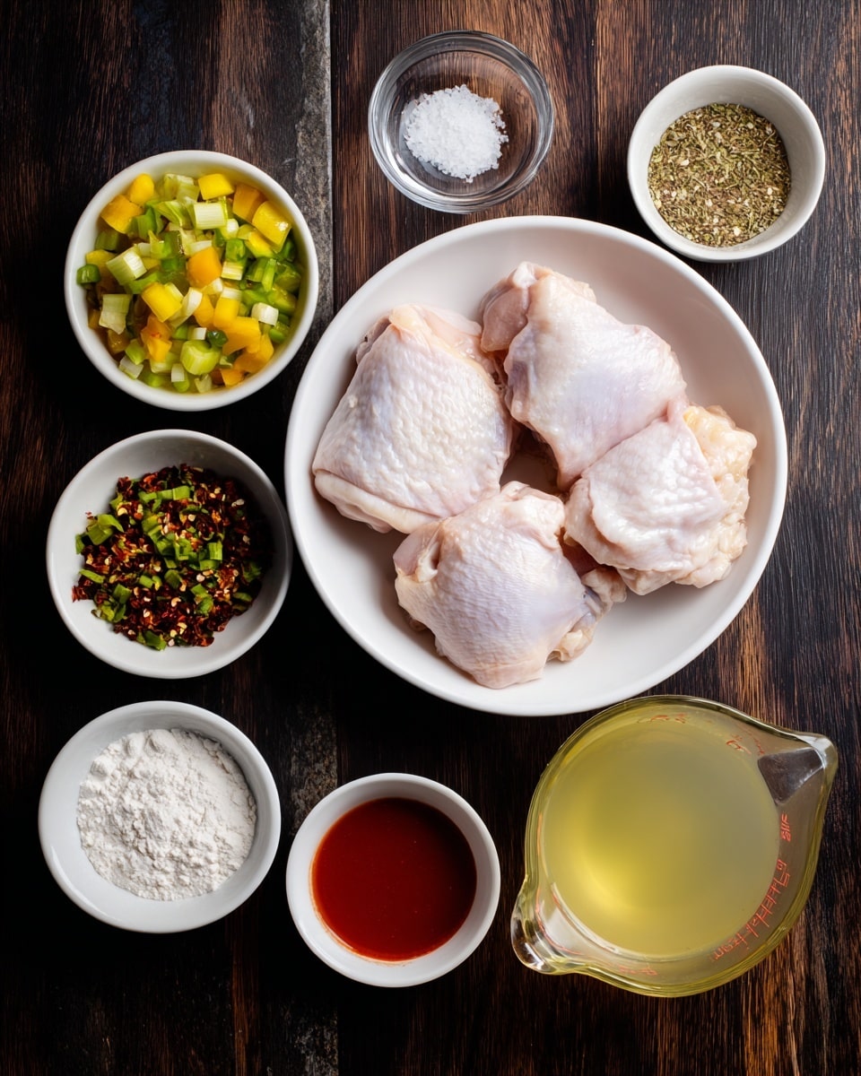 The image shows several ingredients arranged neatly on a dark wooden surface. At the center is a white bowl filled with three raw, skin-on chicken thighs, pale pink with some fat visible. Surrounding it are smaller white bowls: one with chopped yellow and green bell peppers and onions, another with minced garlic, a third containing a mix of green herbs and red spices, and a fourth with white flour. There is also a small white bowl with red sauce and a clear measuring cup filled with a light yellow liquid, likely broth. A small glass bowl holds a mix of salt and spices. The scene is calm and organized, with all ingredients ready for cooking, on a white marbled background. Photo taken with an iphone --ar 4:5 --v 7