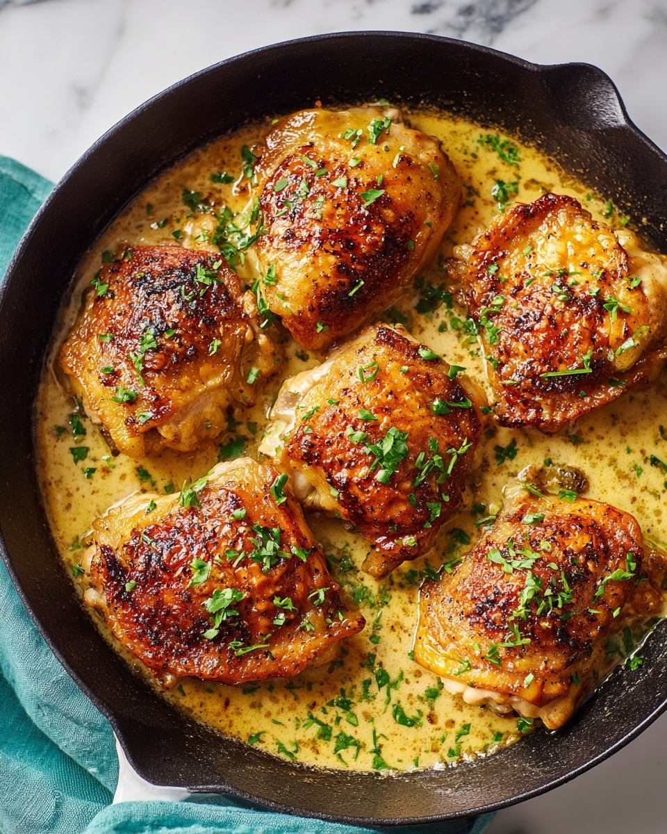A close-up view of a black cast iron pan filled with five cooked chicken pieces, each with golden-brown, crispy skin and a light sprinkling of chopped green herbs on top. The chicken sits in a thick, creamy sauce with a warm yellowish-brown color that glistens under the light. The pan rests partially on a white marbled surface with a soft turquoise cloth peeking from underneath. Photo taken with an iphone --ar 4:5 --v 7