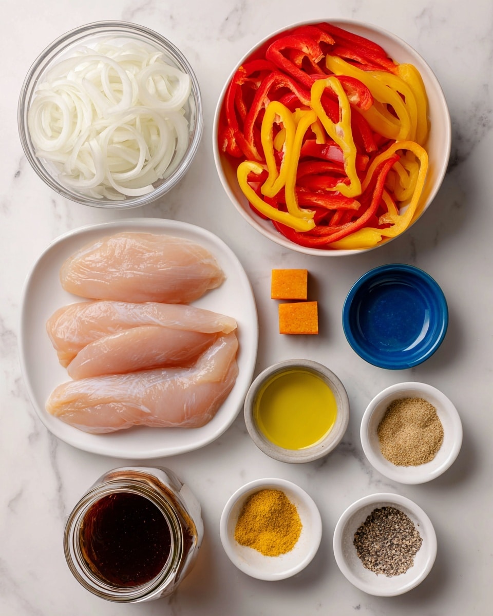 Top view of various ingredients placed on a white marbled surface: in the top left is a small glass bowl with thin white onion slices, next to it on the right is a white bowl filled with red and yellow sliced bell peppers; below the onions is a white bowl holding three raw chicken fillets with a light pink color; to the right of the chicken is a small white container with yellow oil; nearby are two small silver-orange cubes, and below them are three small blue bowls containing light tan spices; at the bottom left is an open jar filled with a dark brown liquid sauce; at the bottom right are three small white bowls filled with light yellow, black and white seasonings, and a brown spice powder photo taken with an iphone --ar 4:5 --v 7