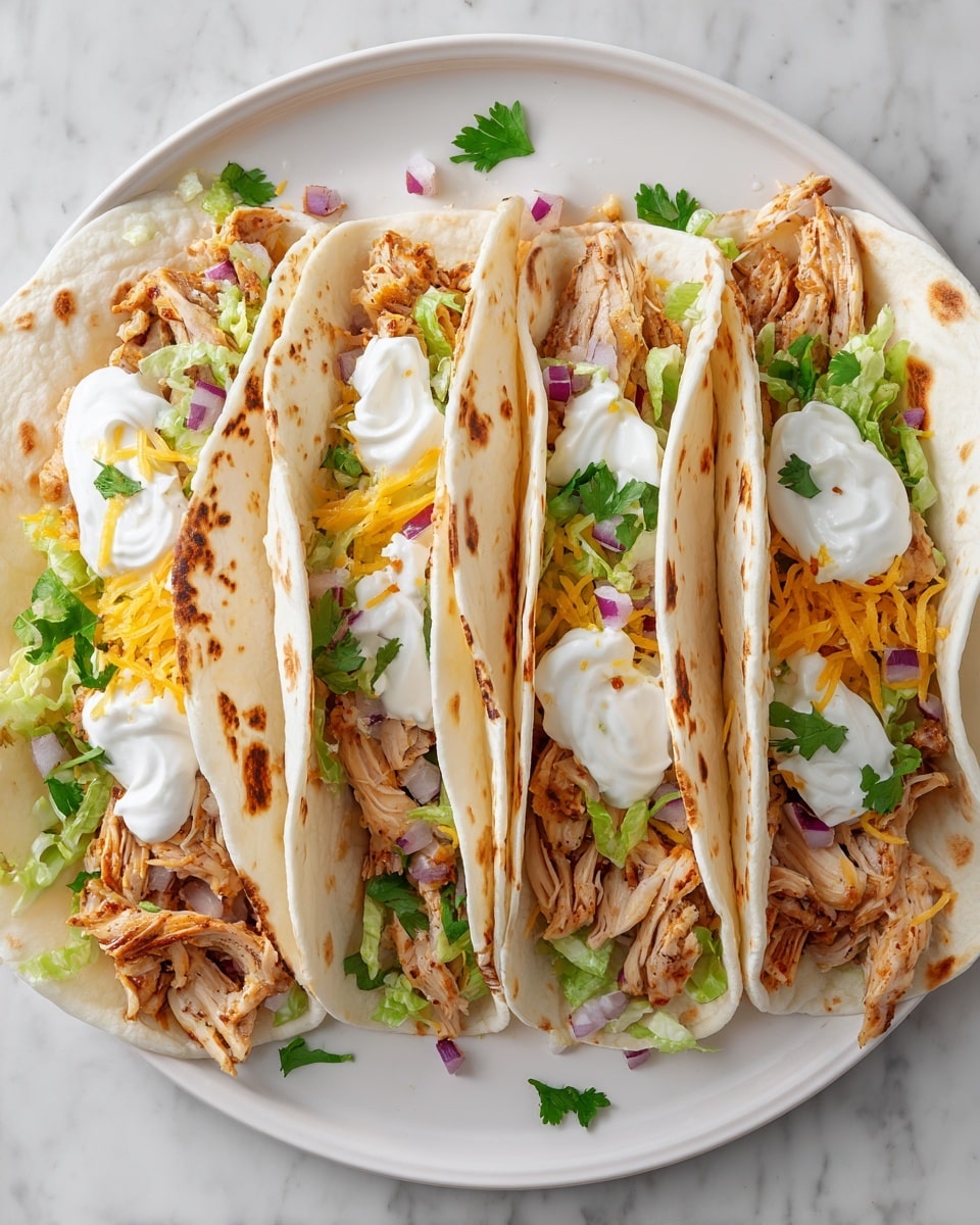 There are four soft tacos arranged side by side on a white plate, placed on a white marbled surface. Each taco has a white flour tortilla folded around layers starting with shredded light brown chicken at the bottom, then a sprinkle of shredded yellow cheddar cheese, followed by chopped green lettuce and small pieces of red onion. On top, there is a swirl of white sour cream and some green cilantro leaves scattered inside and around the tacos. The tortillas have some light brown grill spots. photo taken with an iphone --ar 4:5 --v 7
