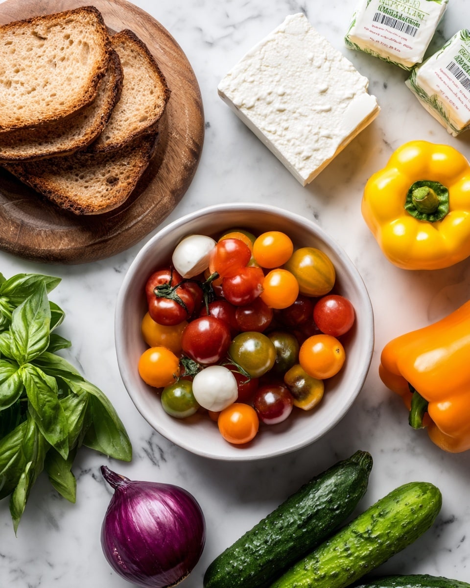 A white bowl filled with a mix of small, round cherry tomatoes in red, orange, and yellow with a few still on green vine sits on a white marbled surface. Next to the bowl are packages of fresh mozzarella cheese and a block of white cheese. On a round wooden board are three slices of brown bread stacked slightly askew. Around the bread are fresh vegetables: a yellow bell pepper, an orange bell pepper, three small green cucumbers, a red tomato, and half of a purple onion with visible layers. A bunch of green basil leaves rests nearby on the white marbled surface. Photo taken with an iphone --ar 4:5 --v 7