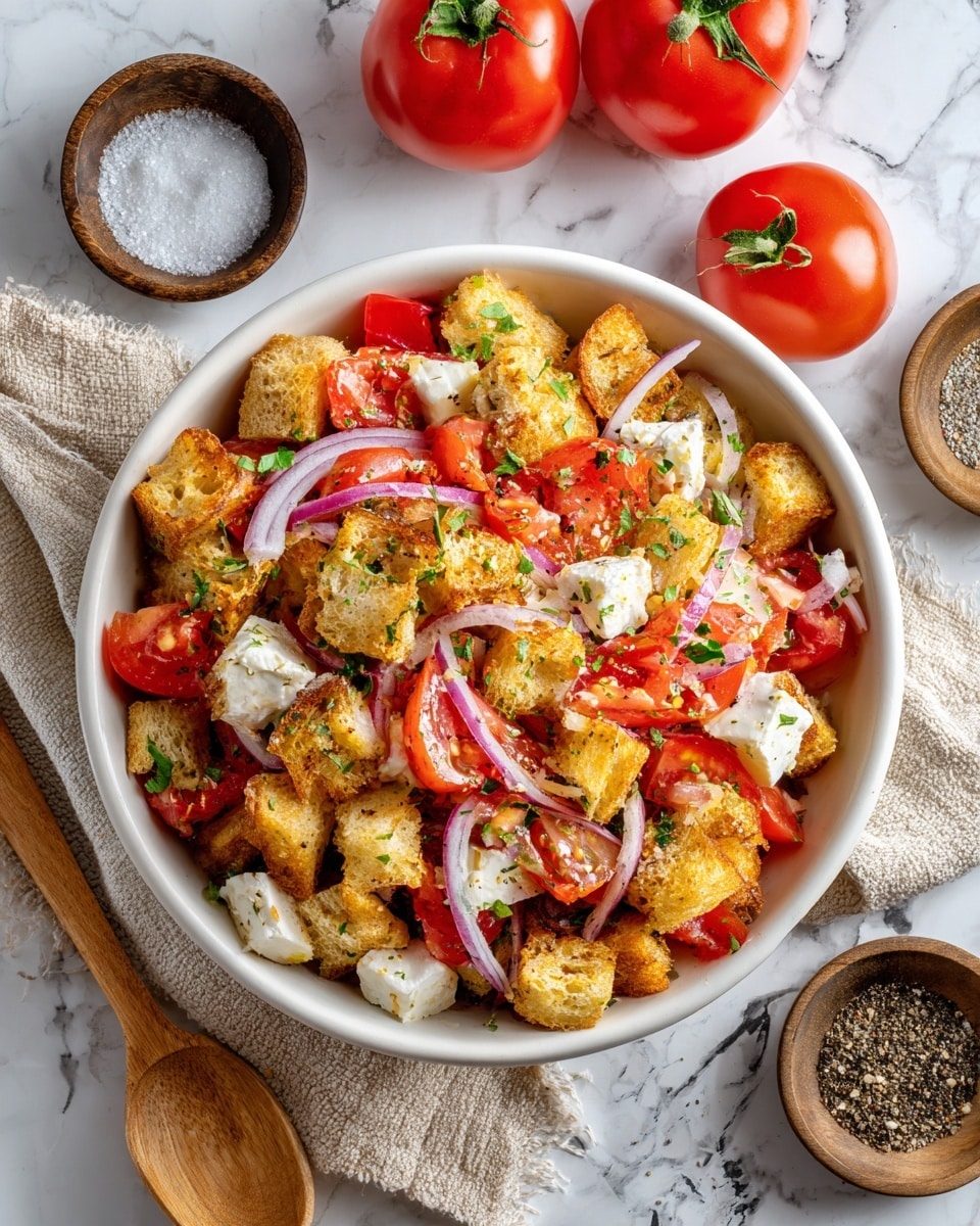 In a white bowl, there is a salad made of four main layers: golden brown toasted bread cubes with a crunchy texture are spread all over as the base, mixed with bright red tomato chunks that add freshness, then small cubes of white cheese scattered evenly through the salad, and thin pale purple onion slices placed on top adding contrast. Bits of green herbs are sprinkled across the salad for extra color and freshness. The bowl sits on a white marbled surface with a piece of beige burlap under it, and around the bowl there are three fresh red tomatoes, a wooden spoon, and small black and brown bowls filled with salt and ground black pepper. Photo taken with an iphone --ar 4:5 --v 7