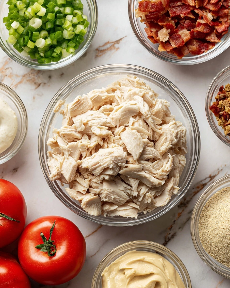 The image shows several clear glass bowls with various ingredients placed on a white marbled surface. In the center is a bowl filled with chopped cooked chicken, light beige in color with a soft texture. Surrounding it are bowls with different contents: one with finely chopped green onions, another with small pieces of cooked bacon in a reddish-brown color, and one with celery seed powder in a light beige shade. Additionally, there are whole fresh red tomatoes with green stems, and a few bowls containing creamy substances—one off-white and thick, another light yellow mustard paste, and a third bowl with a light white creamy ingredient. The ingredients are neatly arranged with vibrant colors and clear textures, ready for preparation. Photo taken with an iphone --ar 4:5 --v 7
