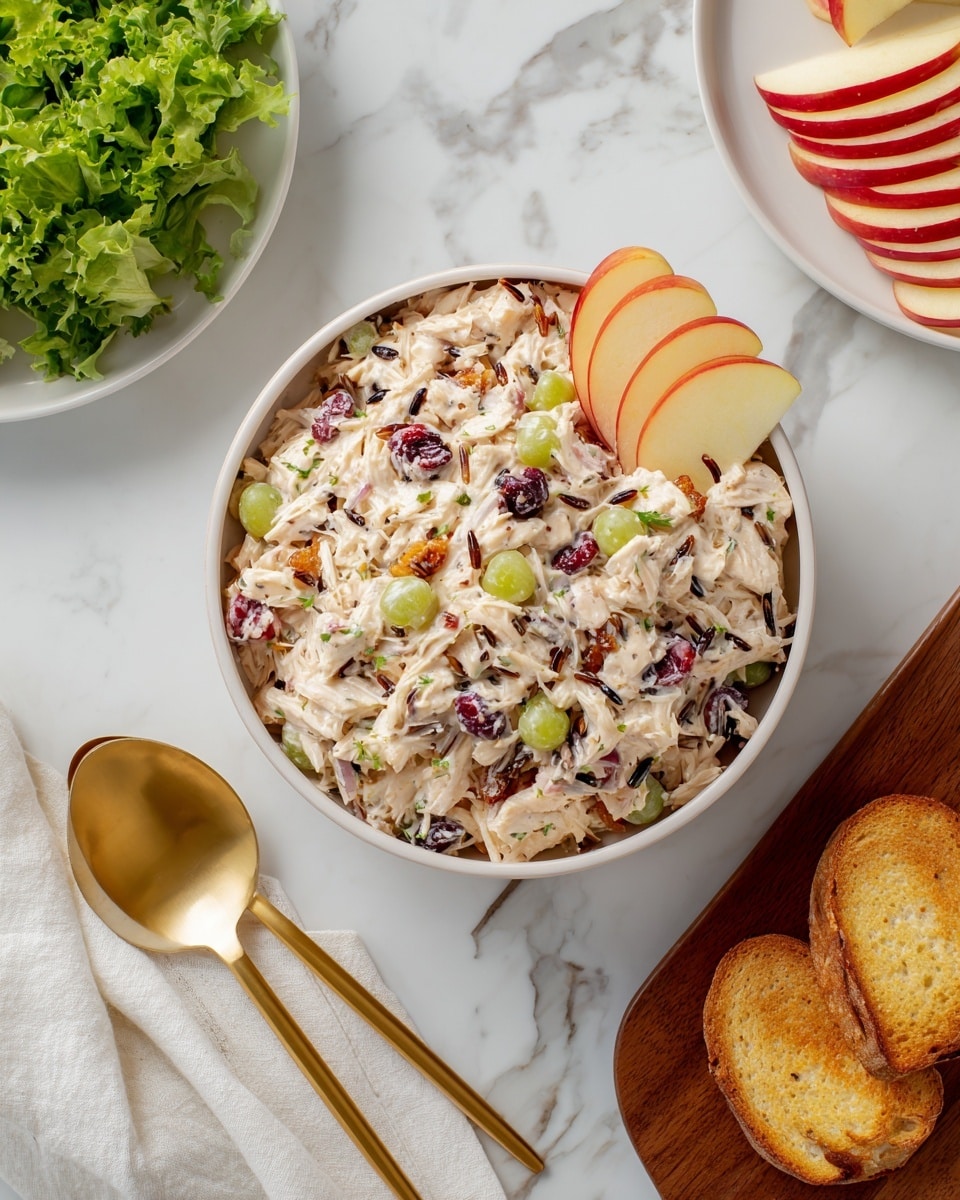 The image shows a white bowl filled with a mix of shredded white chicken, green grapes, red bell peppers, and small dark bits, likely wild rice, creating a textured and colorful mix with a light creamy appearance. On one side of the bowl, there are a few thin apple slices lying on top. To the top left, there is a white bowl filled with chopped green lettuce, and to the right, a white plate with thin slices of red apple arranged in a fanned-out way. At the bottom right, two pieces of golden toasted bread sit on a wooden board. The setting is on a white marbled surface, with a white cloth napkin and a gold spoon placed next to the main bowl. photo taken with an iphone --ar 4:5 --v 7