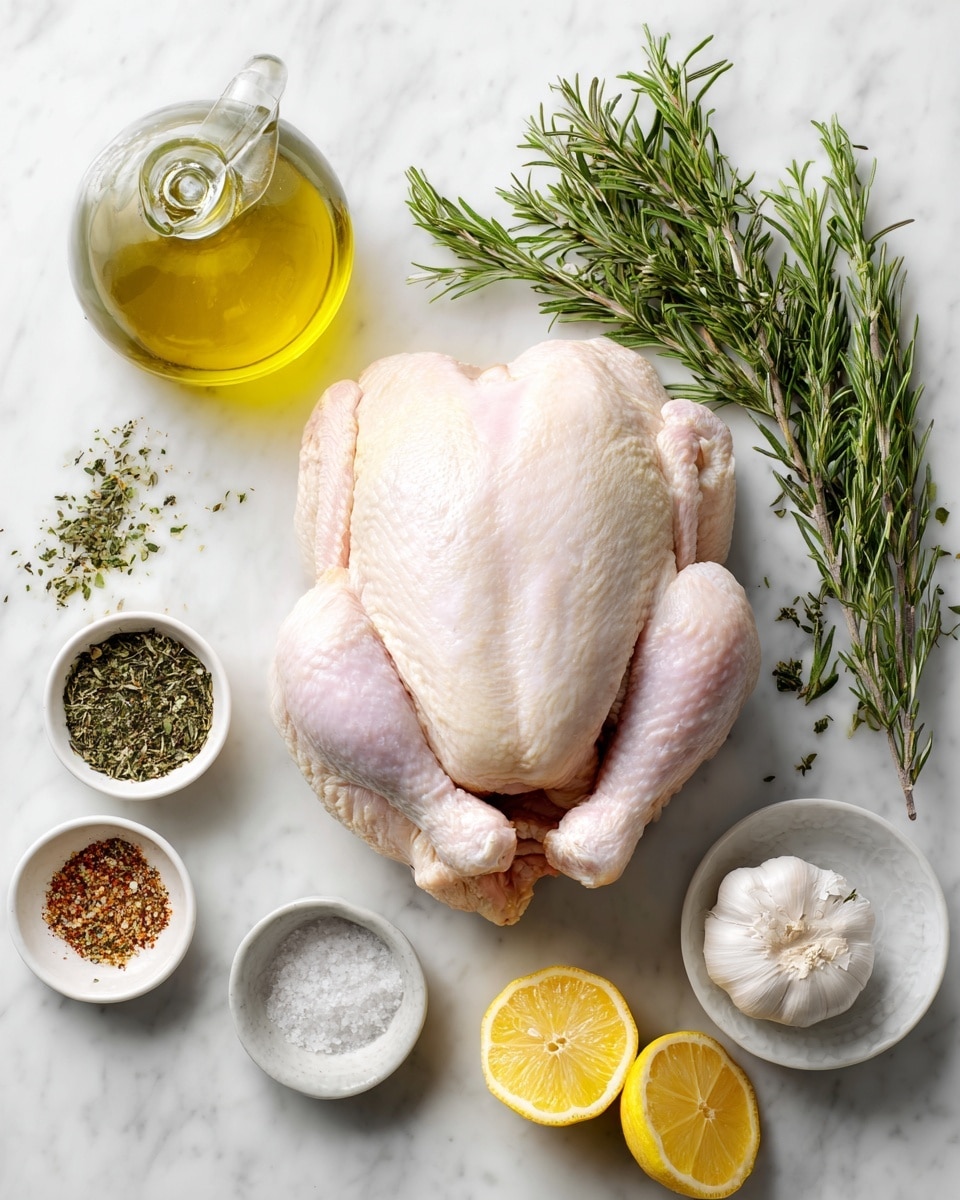 A raw whole chicken with pale pink skin sits in the center on a white marbled surface, surrounded by fresh green rosemary sprigs on top right and bottom right sides. To the left of the chicken, there is a clear glass bottle with golden olive oil. Above the oil bottle, a small white bowl holds dried green herbs, and below it, another small white bowl contains a mixed seasoning of brown and green colors. On the right side of the chicken, two bright yellow lemon halves show their juicy interiors. At the bottom right, a white bowl is filled with coarse white salt near a whole bulb of white garlic. The image is bright and clean. photo taken with an iphone --ar 4:5 --v 7