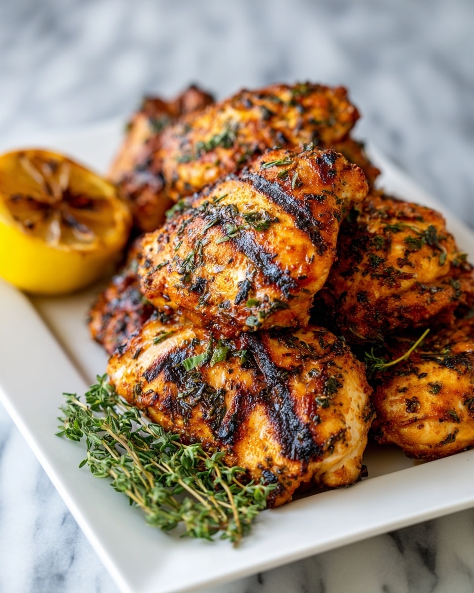 The image shows several grilled seasoned chicken pieces stacked slightly on a white rectangular plate. The chicken has a golden-brown color with dark grill marks and is covered with a mix of herbs and spices creating a rough texture. In the bottom left corner of the plate, there is a half lemon charred with deep brown grill marks, alongside a small bunch of fresh green thyme. The plate is set on a white marbled surface. photo taken with an iphone --ar 4:5 --v 7