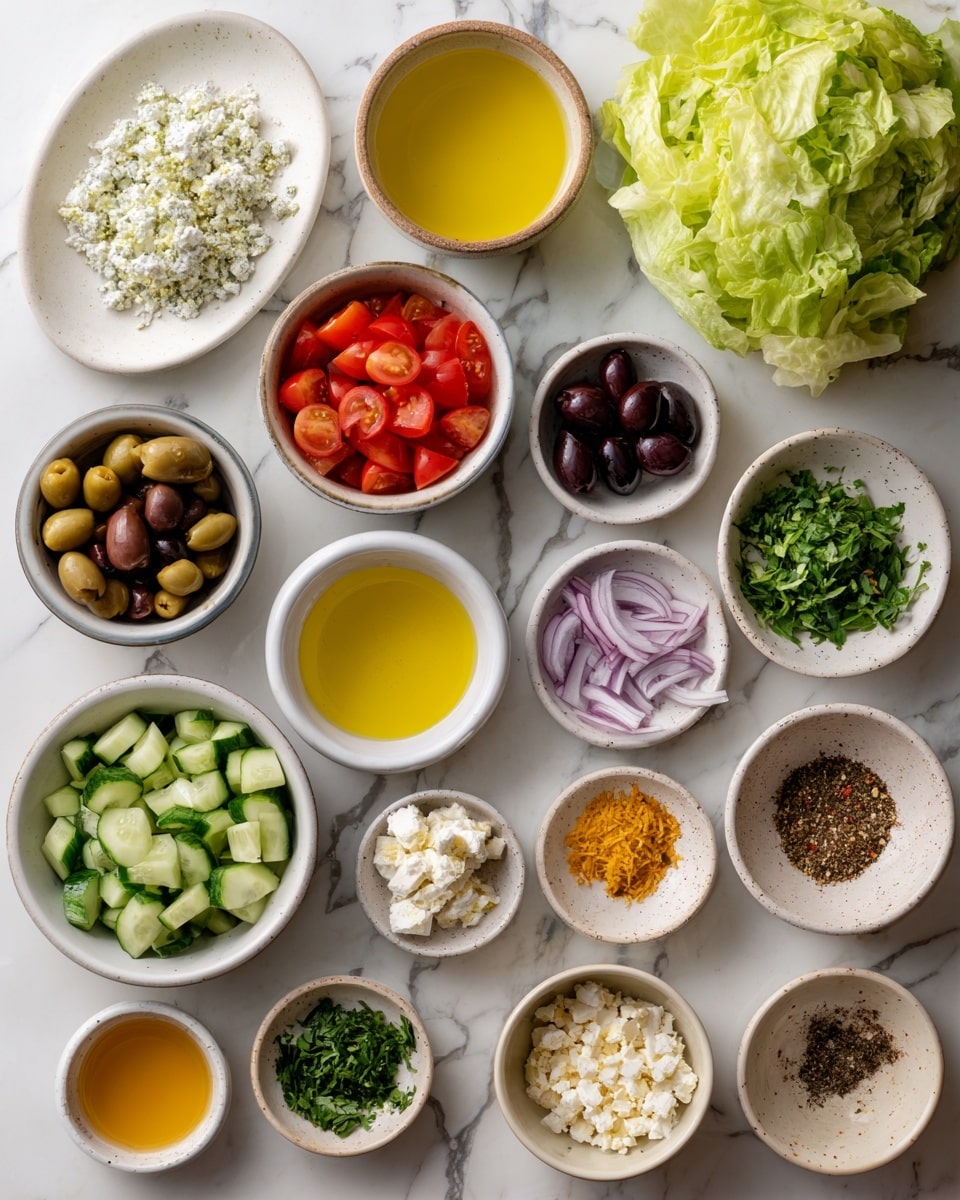 The image shows many small white and light-colored bowls arranged neatly on a white marbled surface, each holding different fresh ingredients. There is a large white plate with a whole head of light green lettuce. Nearby, bowls contain bright yellow olive oil, dark red chopped olives, deep red cherry tomatoes halved, chopped light green cucumbers, finely chopped dark green herbs, thin strips of light purple onion, creamy white crumbled cheese, yellowish minced garlic, and tiny piles of mixed dry spices in brown, green, and beige tones. Small bowls also hold light yellow mustard, golden honey, and pale yellow vinegar, creating a colorful and fresh display of ingredients for a salad. Photo taken with an iphone --ar 4:5 --v 7