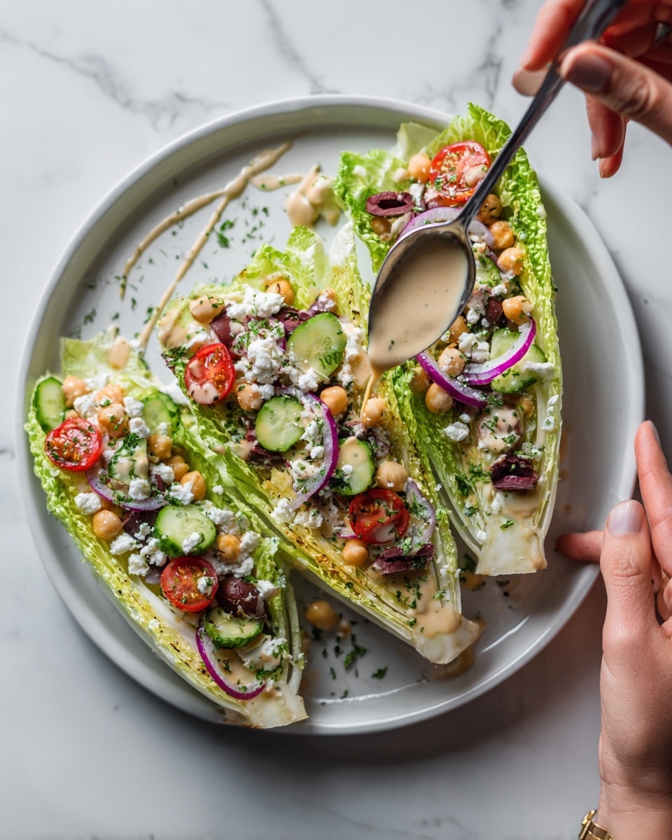 A white plate holds three thick wedge slices of light green lettuce with a crunchy texture, each topped with layers of small red cherry tomato halves, dark purple olive slices, golden round chickpeas, finely chopped white feta cheese, thin red onion rings, and small green cucumber chunks. A silver spoon in a woman's hand gently pours a creamy, light beige dressing over the middle wedge. The dish is garnished with finely chopped green herbs, creating a fresh and colorful appearance. The surface underneath the plate is a white marbled texture. photo taken with an iphone --ar 4:5 --v 7