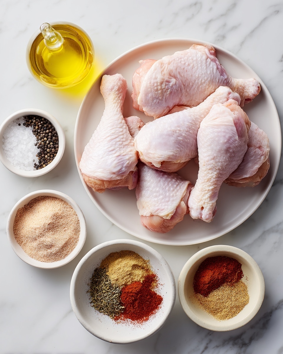 A top view of a white plate filled with six raw light pink chicken drumsticks arranged neatly, accompanied by two small white bowls, one with coarse black pepper and the other with salt, and a small clear bottle of yellow oil on a white marbled surface. Below this setup, a white bowl contains various dry spices and a dark liquid, showcasing layers of light brown, beige, and reddish powders pooling slightly in the liquid at the bottom. photo taken with an iphone --ar 4:5 --v 7