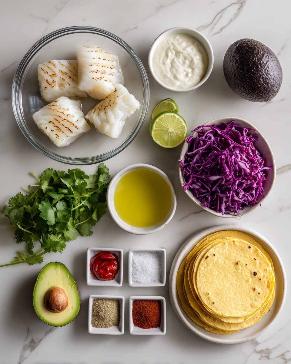 The image shows an arrangement of cooking ingredients on a white marbled surface, including a round clear glass bowl with three white cooked fish fillets at the top left, a small white bowl of creamy white sauce beside it, and a white bowl filled with shredded purple cabbage at the top right. Below the fish fillets is a white plate with small piles of red and beige spices around a small square container of olive oil. To the right of the spices, there are small square white dishes containing a clear liquid, a bright red sauce, beige powder, and salt arranged vertically. Alongside these is a halved avocado with its large brown seed, a small dark bowl filled with lime wedges, fresh green cilantro with stems, and a neat stack of yellow corn tortillas on the far right. Photo taken with an iphone --ar 4:5 --v 7